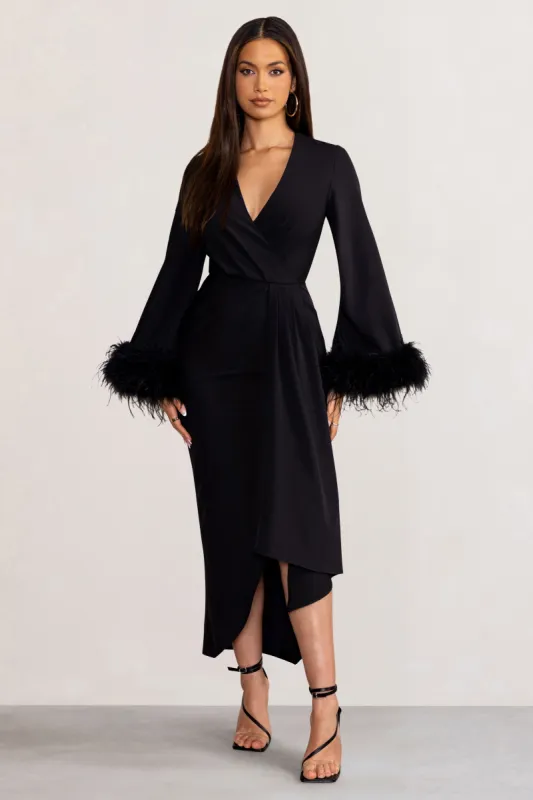 Jenna | Black Plunge Midi Dress with Feather Trim Wide Sleeves and Front Tie Drape sold by Club L London