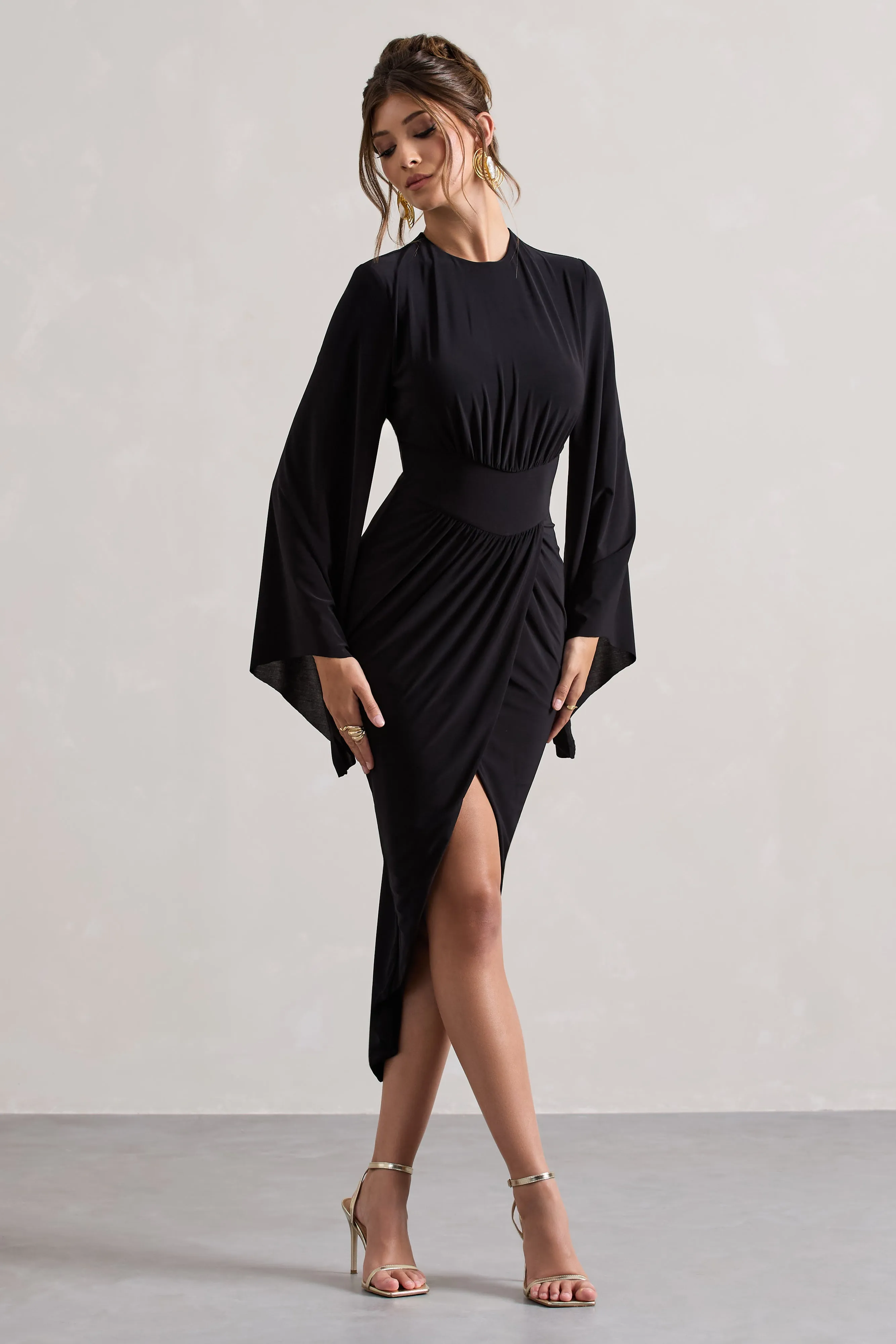 Lennox | Black Drape-Sleeve Gathered Midi Dress sold by Club L London product image thumbnail 5