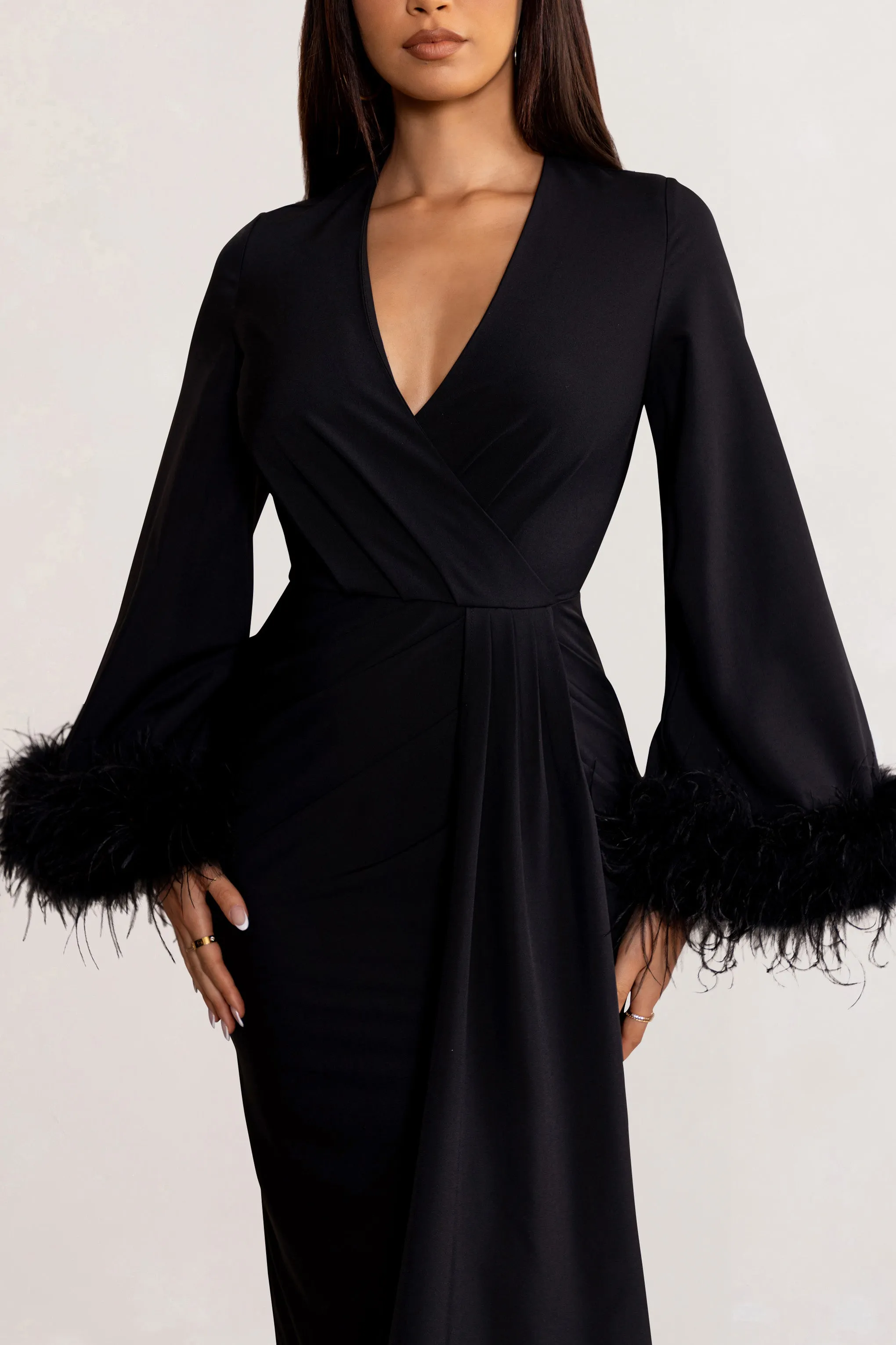 Jenna | Black Plunge Midi Dress with Feather Trim Wide Sleeves and Front Tie Drape sold by Club L London product image thumbnail 2