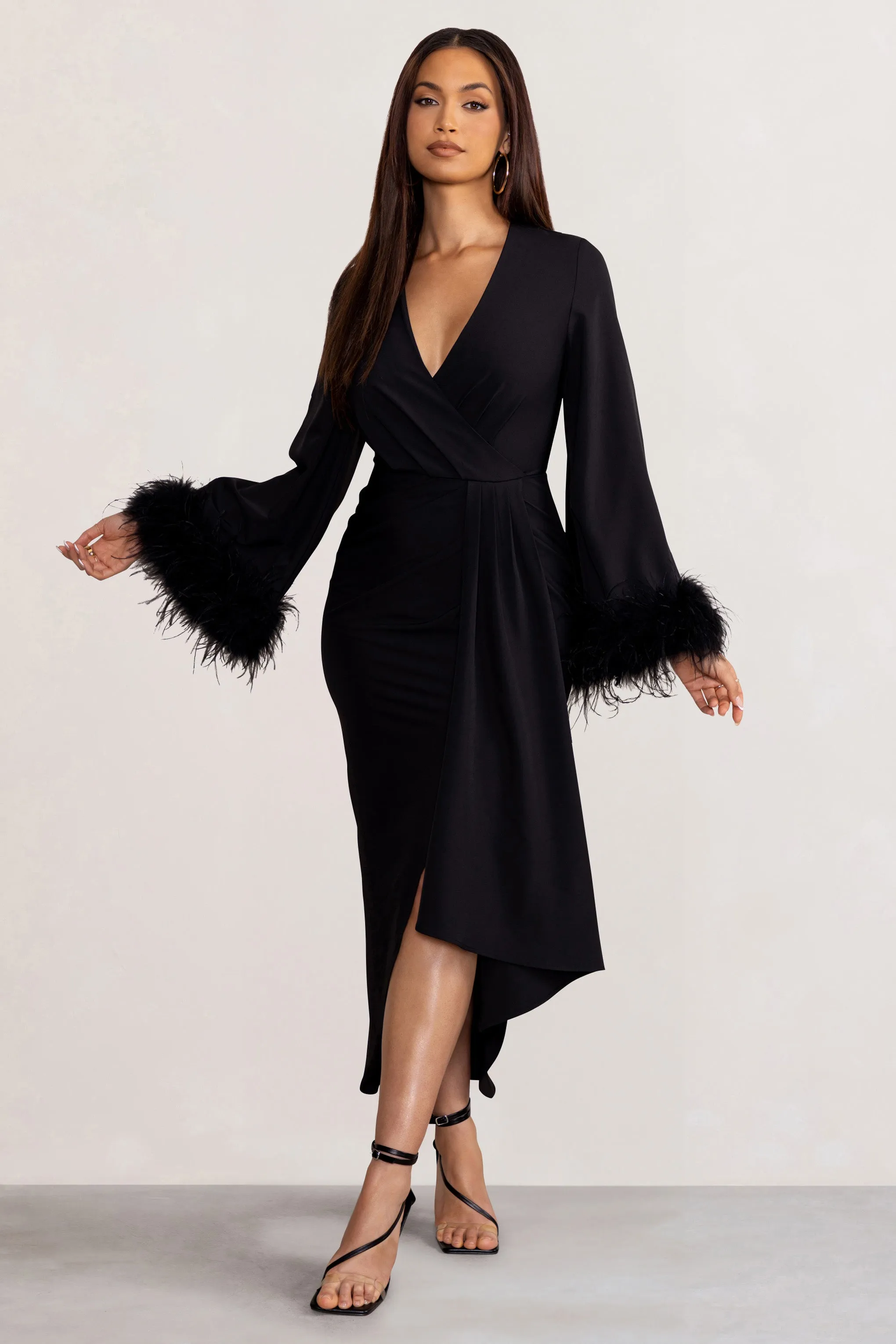 Jenna | Black Plunge Midi Dress with Feather Trim Wide Sleeves and Front Tie Drape sold by Club L London product image thumbnail 5