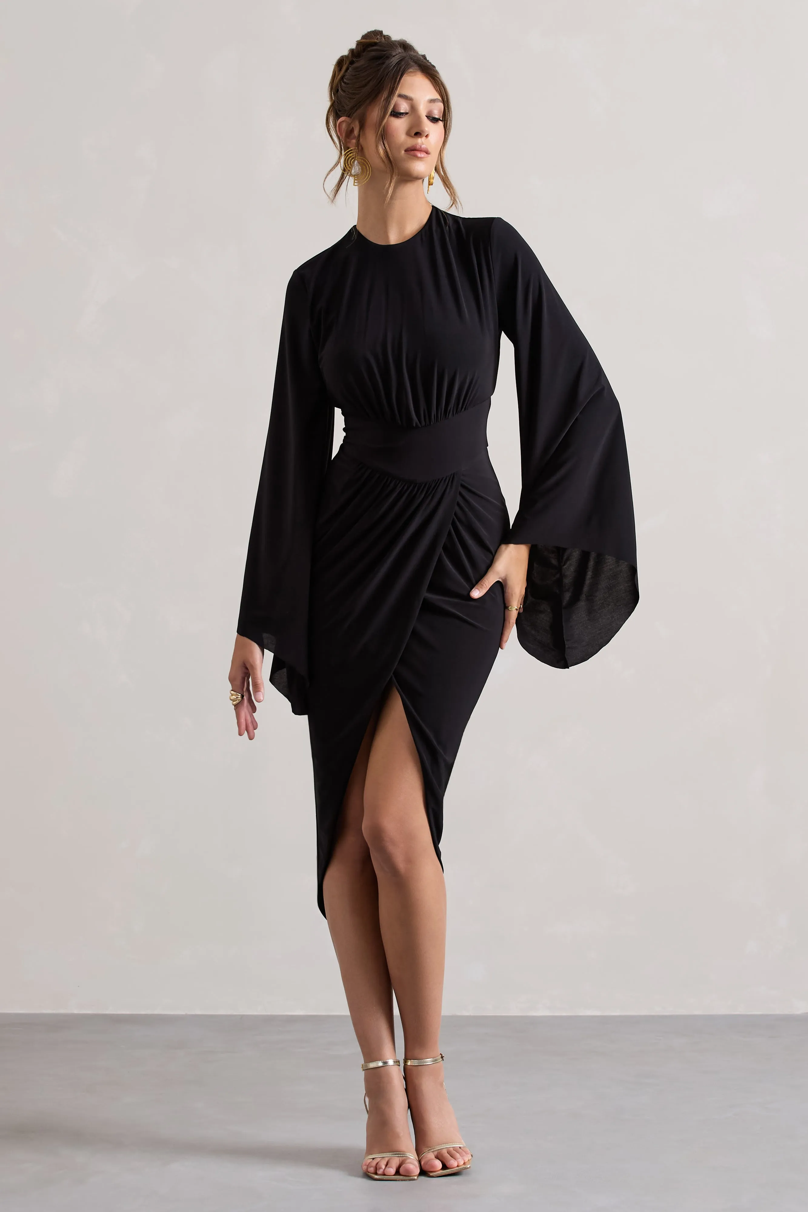 Lennox | Black Drape-Sleeve Gathered Midi Dress sold by Club L London