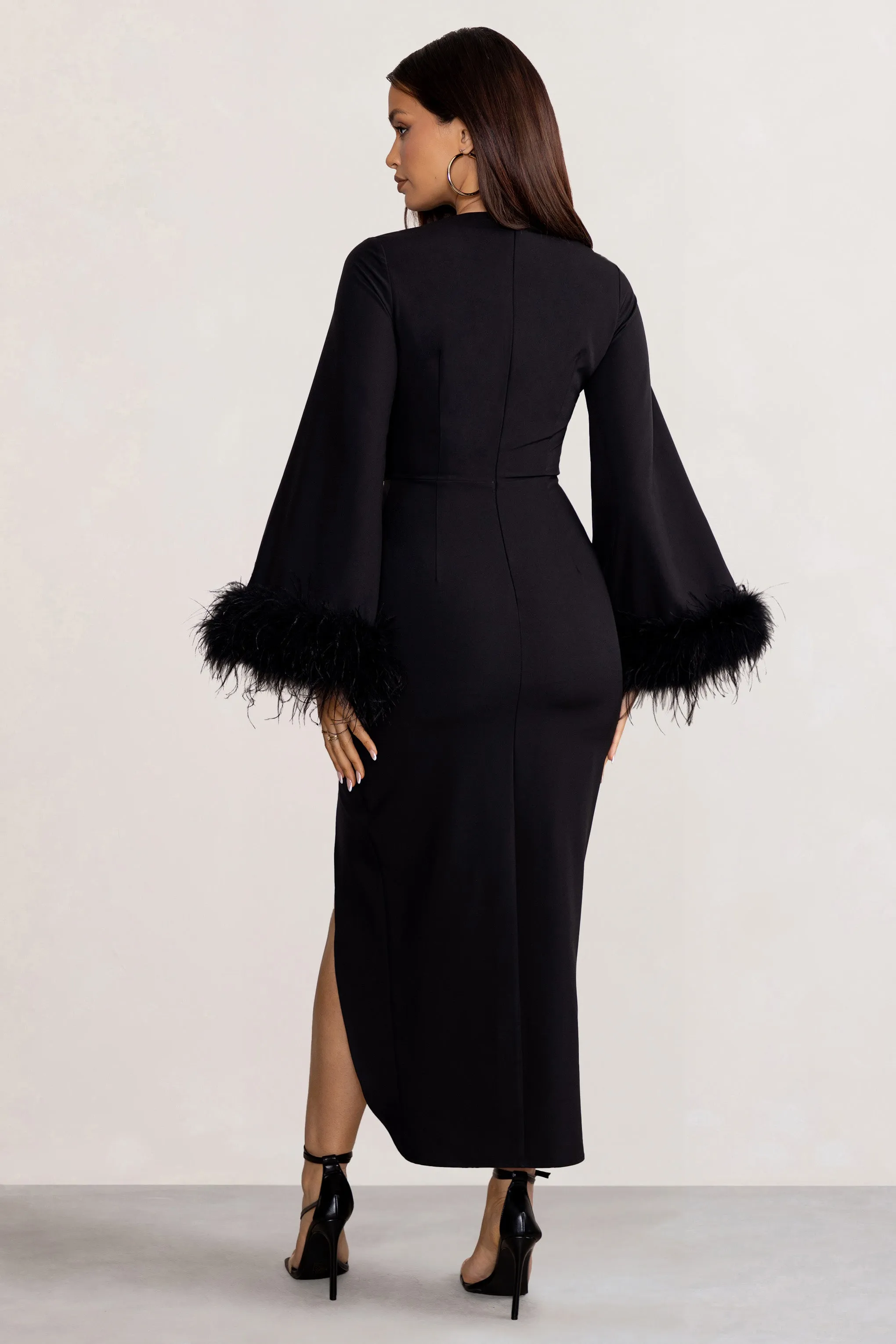 Jenna | Black Plunge Midi Dress with Feather Trim Wide Sleeves and Front Tie Drape sold by Club L London product image thumbnail 3