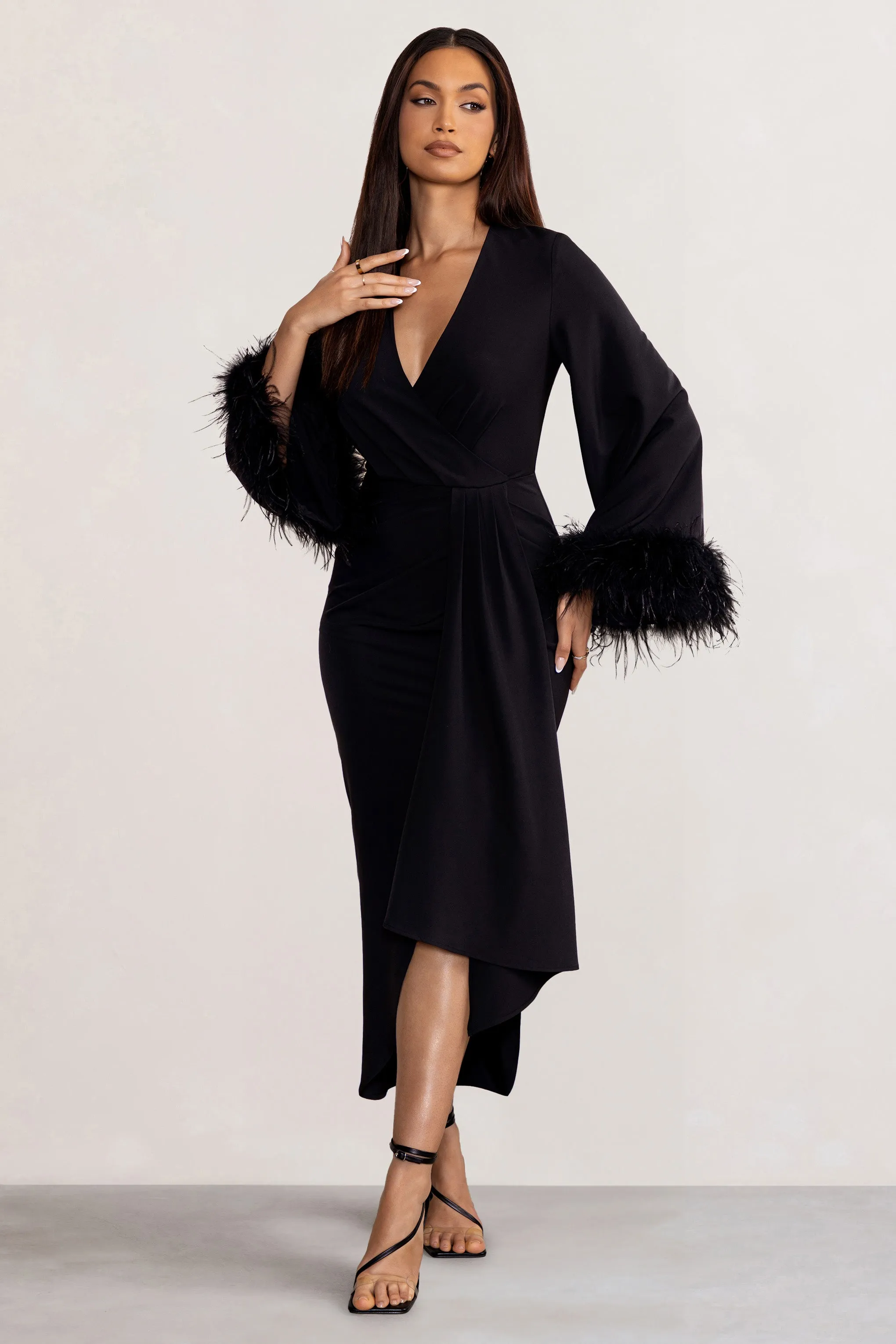Jenna | Black Plunge Midi Dress with Feather Trim Wide Sleeves and Front Tie Drape sold by Club L London product image thumbnail 4