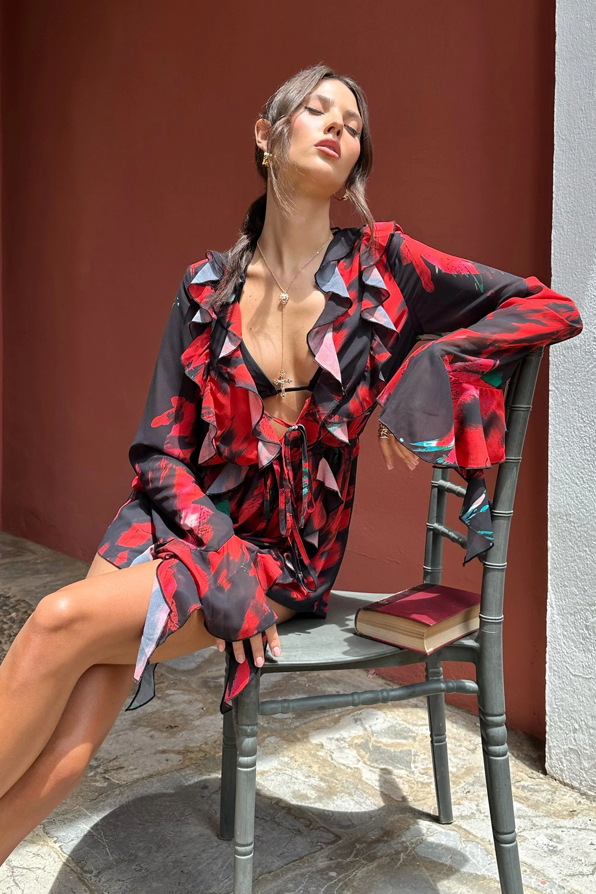 Sauvage | Red & Black Floral Print Chiffon Ruffle Long Sleeve Playsuit sold by Club L London product image thumbnail 3