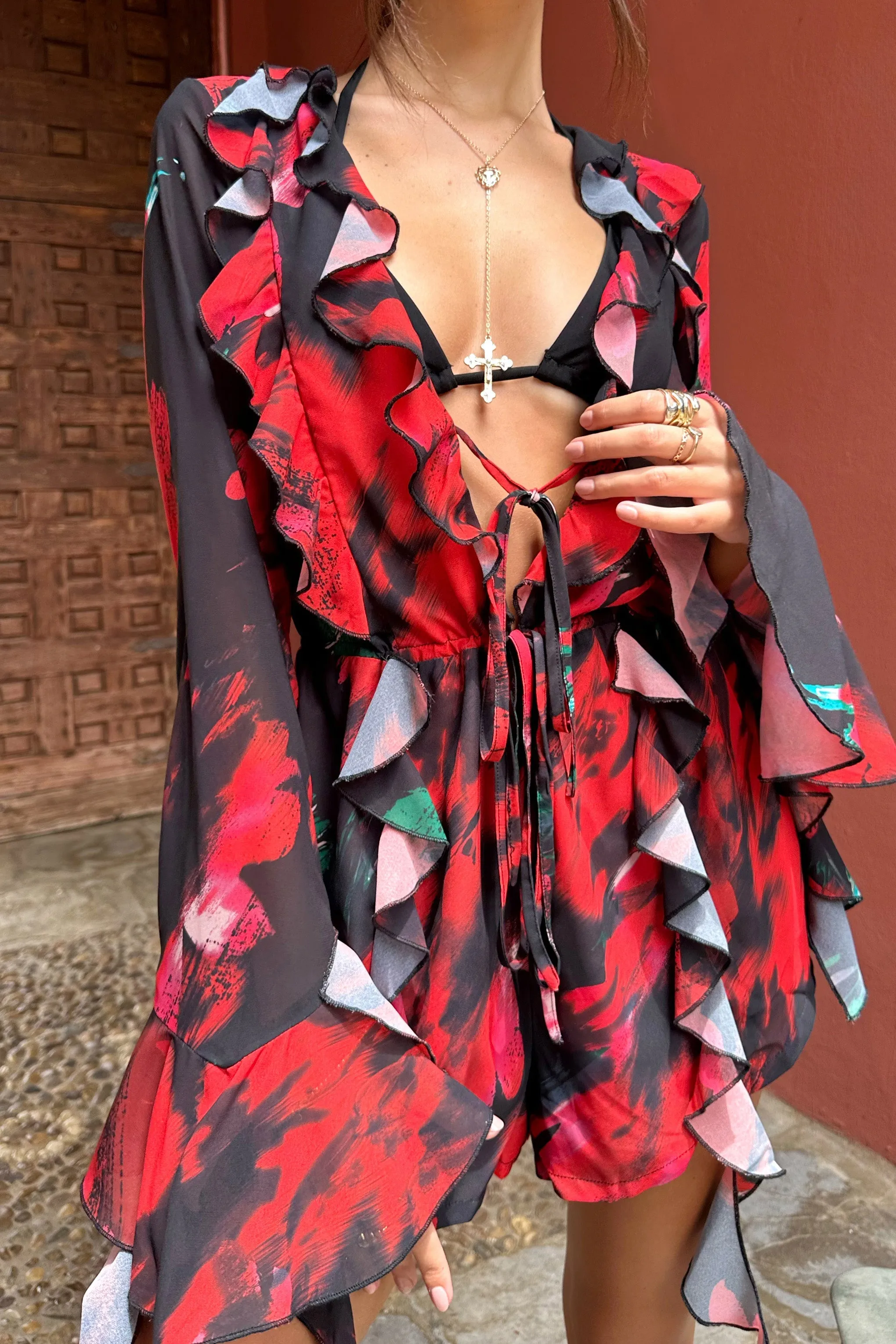 Sauvage | Red & Black Floral Print Chiffon Ruffle Long Sleeve Playsuit sold by Club L London product image thumbnail 2