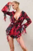 Sauvage | Red & Black Floral Print Chiffon Ruffle Long Sleeve Playsuit sold by Club L London