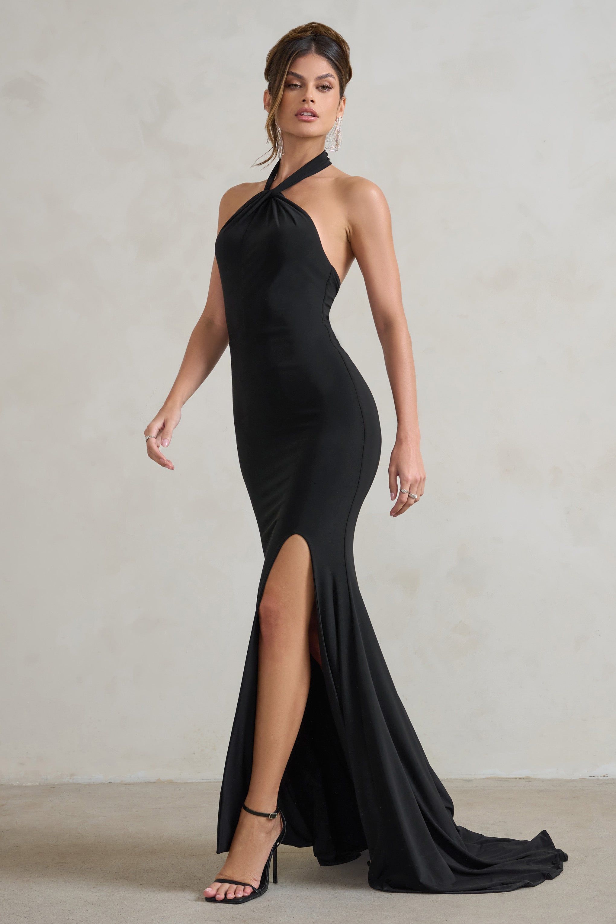 Jodie | Black Halterneck Fishtail Maxi Dress With Split sold by Club L London product image thumbnail 6