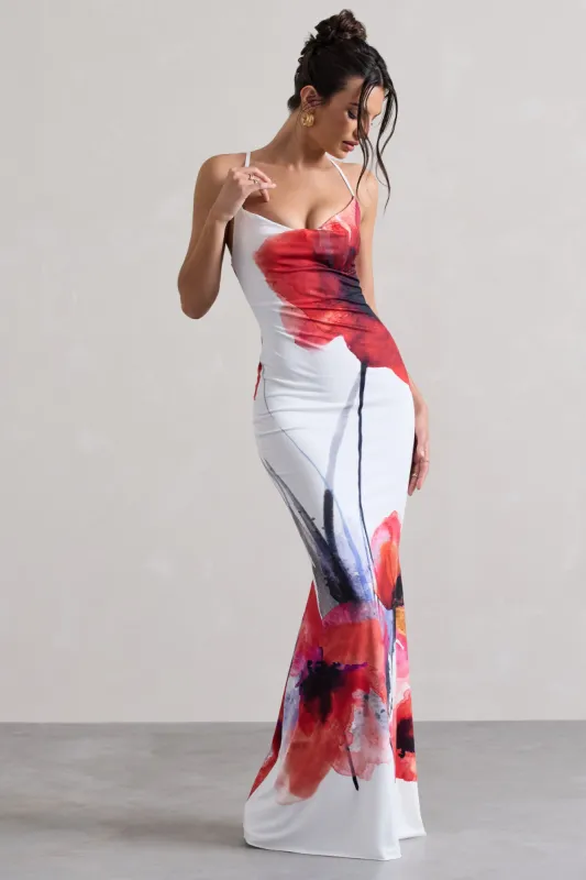 Tamia | White Poppy Print Cowl-Neck Maxi Dress sold by Club L London
