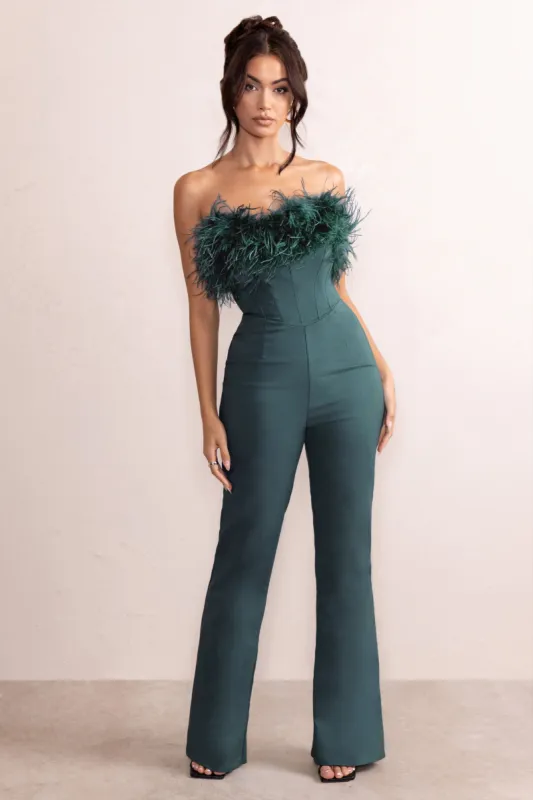 Tessa | Bottle Green Shaped Neckline Corset Jumpsuit With Feather Trim Detail sold by Club L London