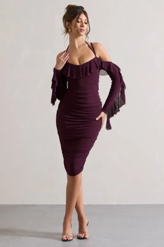 Quinn | Dark Cherry Ruched Strappy Long-Sleeved Midi Dress With Ruffles sold by Club L London