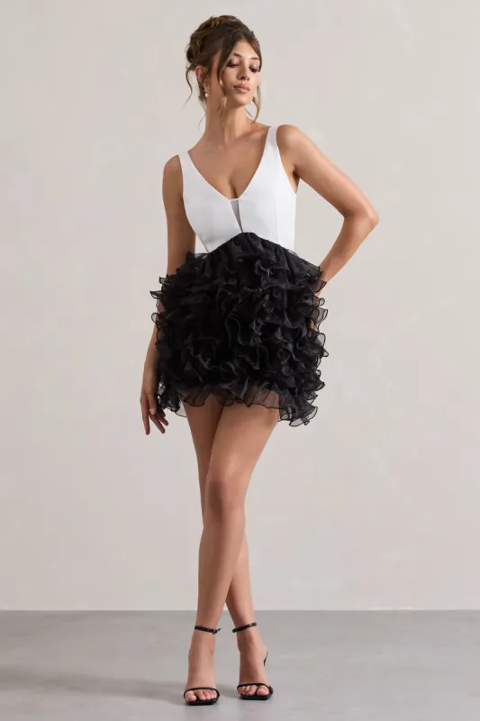 Riot | Black & White Plunge-Neck Mini Dress With Organza Skirt sold by Club L London