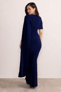 Isla | Navy Asymmetric Bardot Maxi Dress with Cape Sleeve and Side Split sold by Club L London