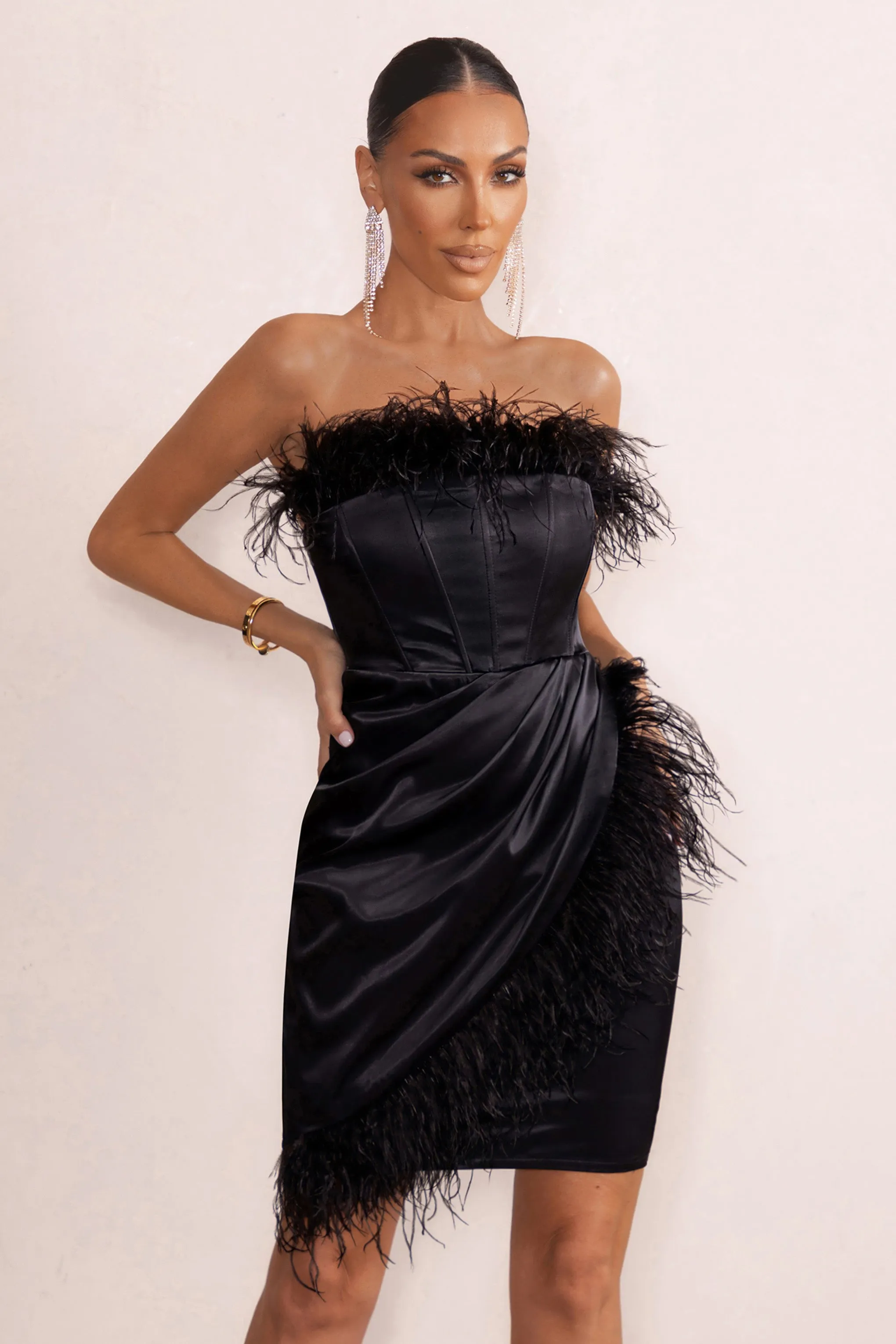 Forever High | Black Bandeau Wrap Front Mini Dress With Feather Trim sold by Club L London product image thumbnail 5