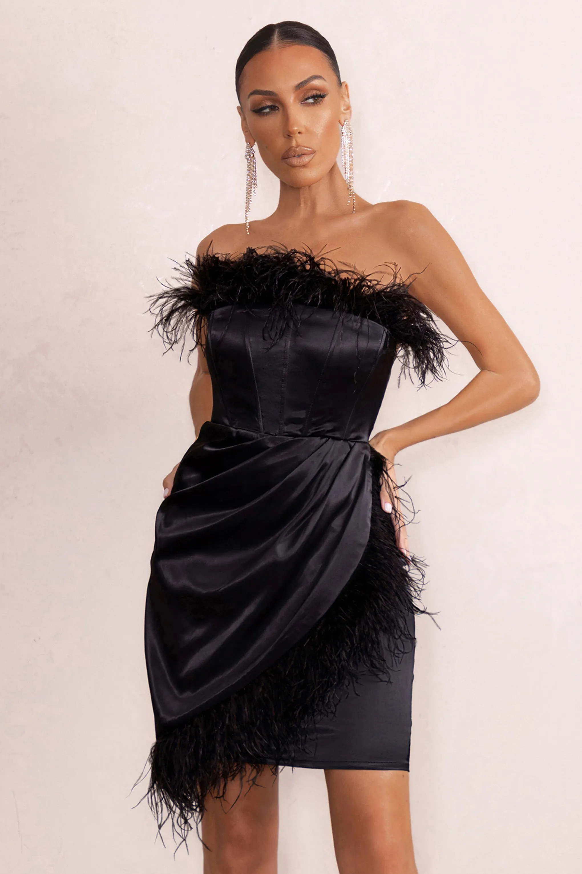 Forever High | Black Bandeau Wrap Front Mini Dress With Feather Trim sold by Club L London