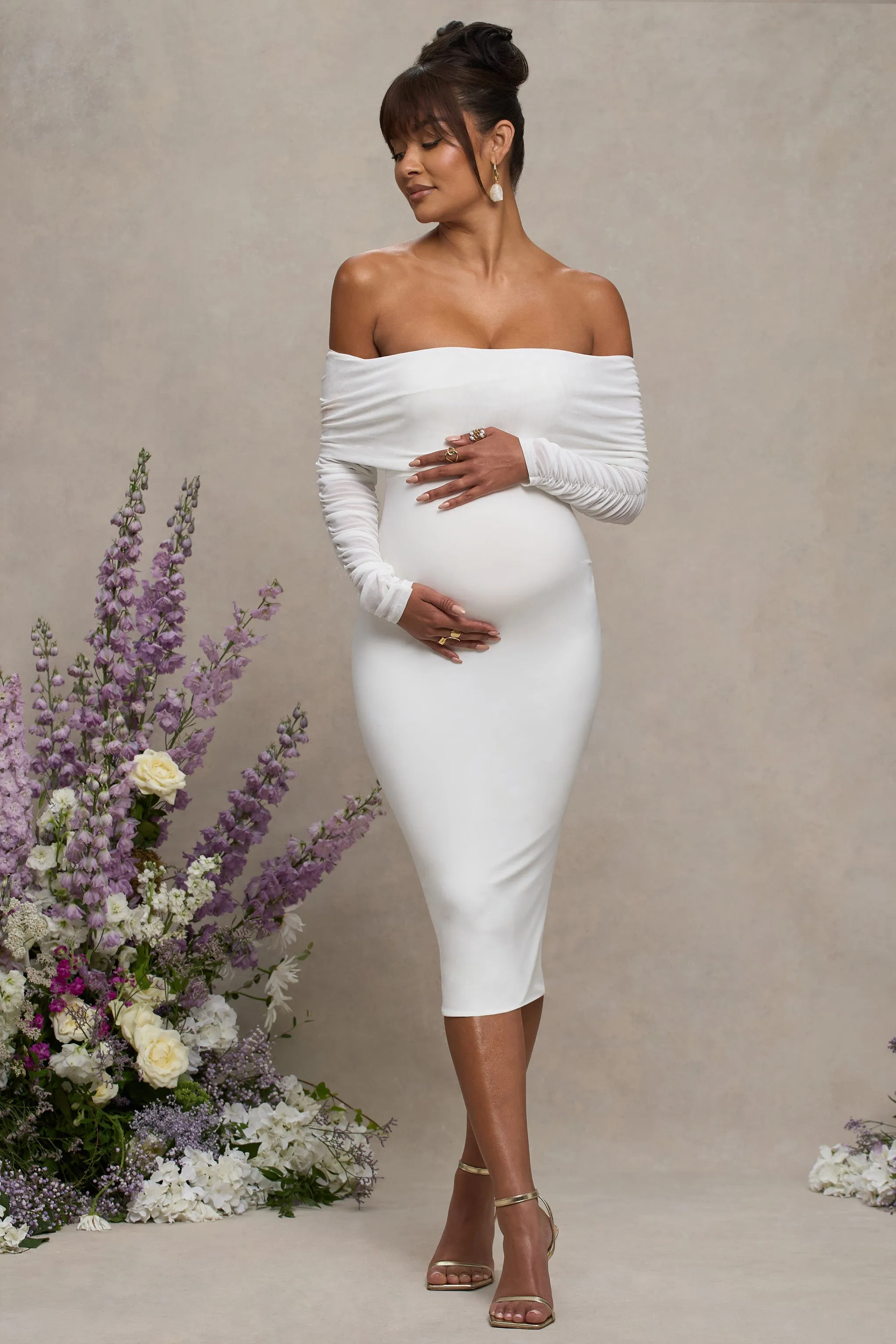 Patiently Waiting | White Maternity Ruched Mesh Bardot Midi Dress sold by Club L London