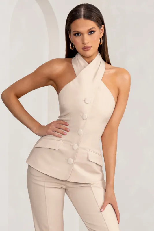 Remi | Stone Cross Halter Neck Tailored Sleeveless Blazer Top sold by Club L London