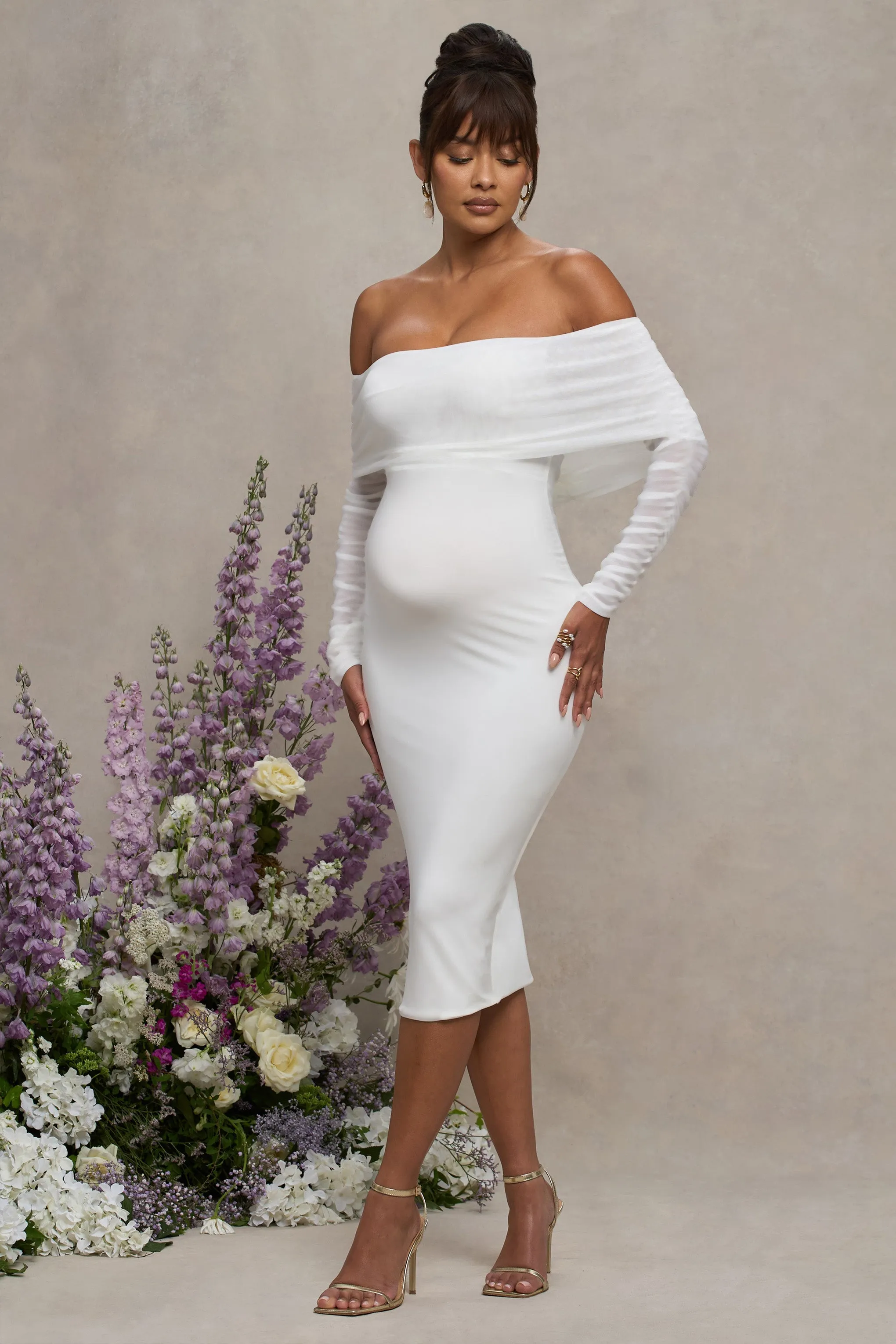 Patiently Waiting | White Maternity Ruched Mesh Bardot Midi Dress sold by Club L London product image thumbnail 5