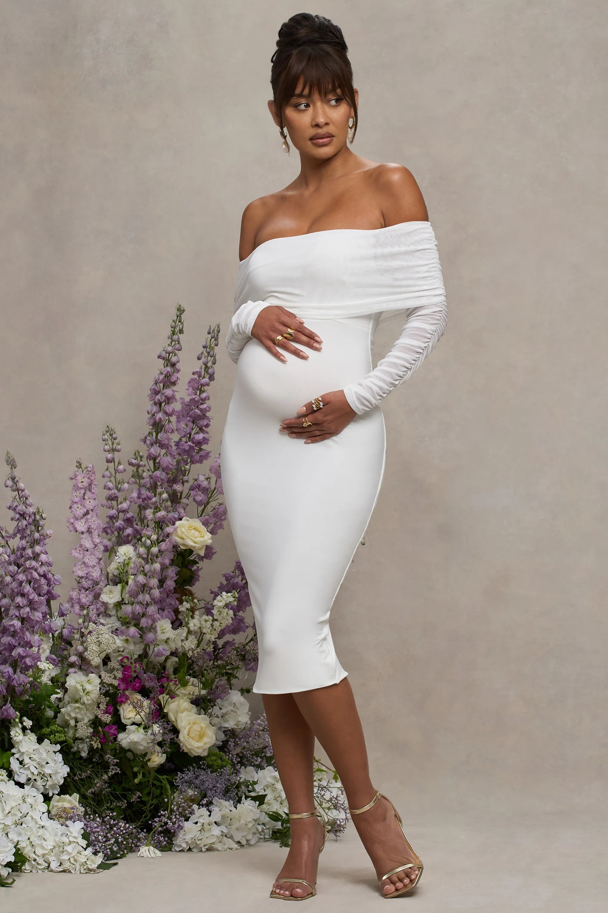 Patiently Waiting | White Maternity Ruched Mesh Bardot Midi Dress sold by Club L London product image thumbnail 4