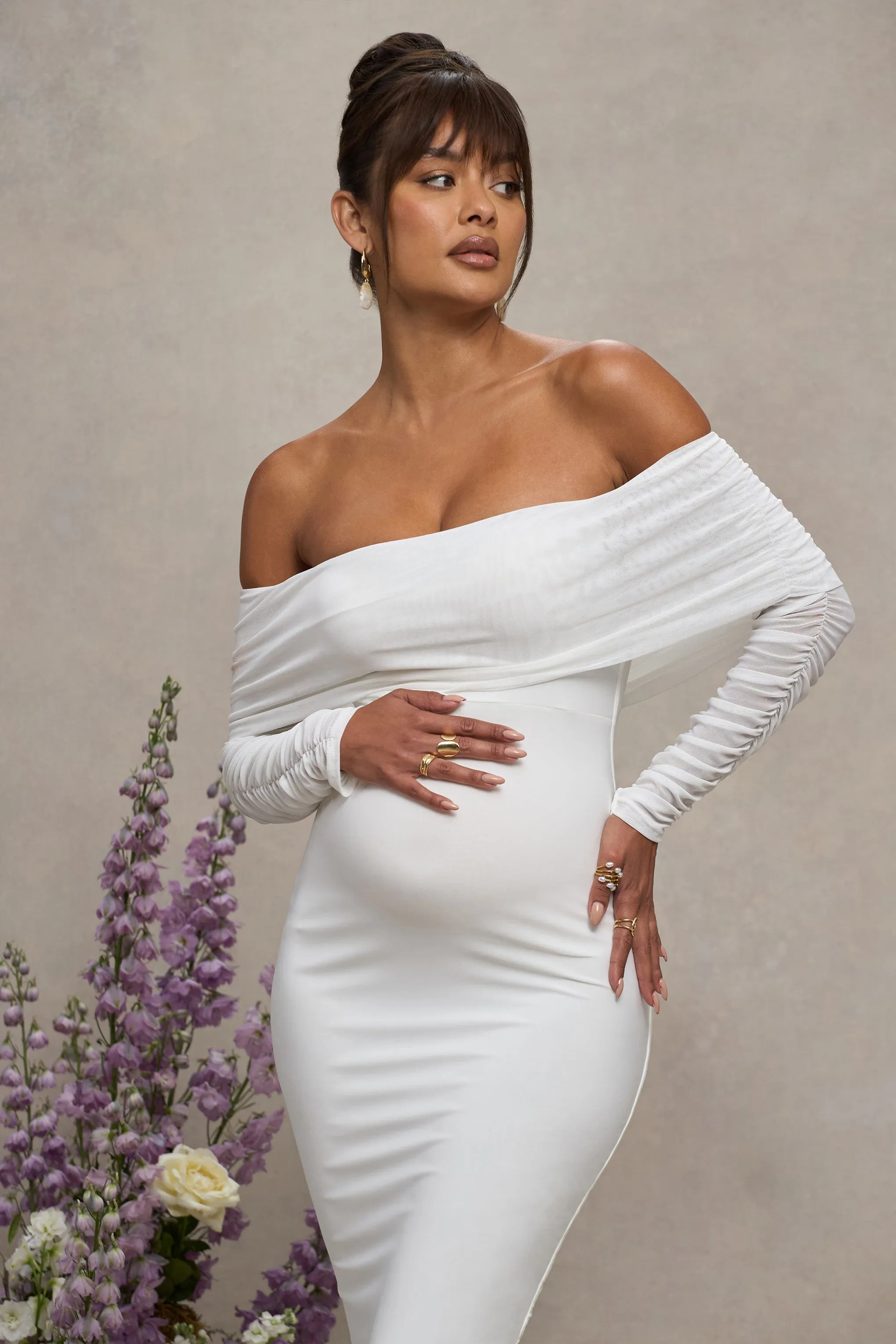 Patiently Waiting | White Maternity Ruched Mesh Bardot Midi Dress sold by Club L London product image thumbnail 3