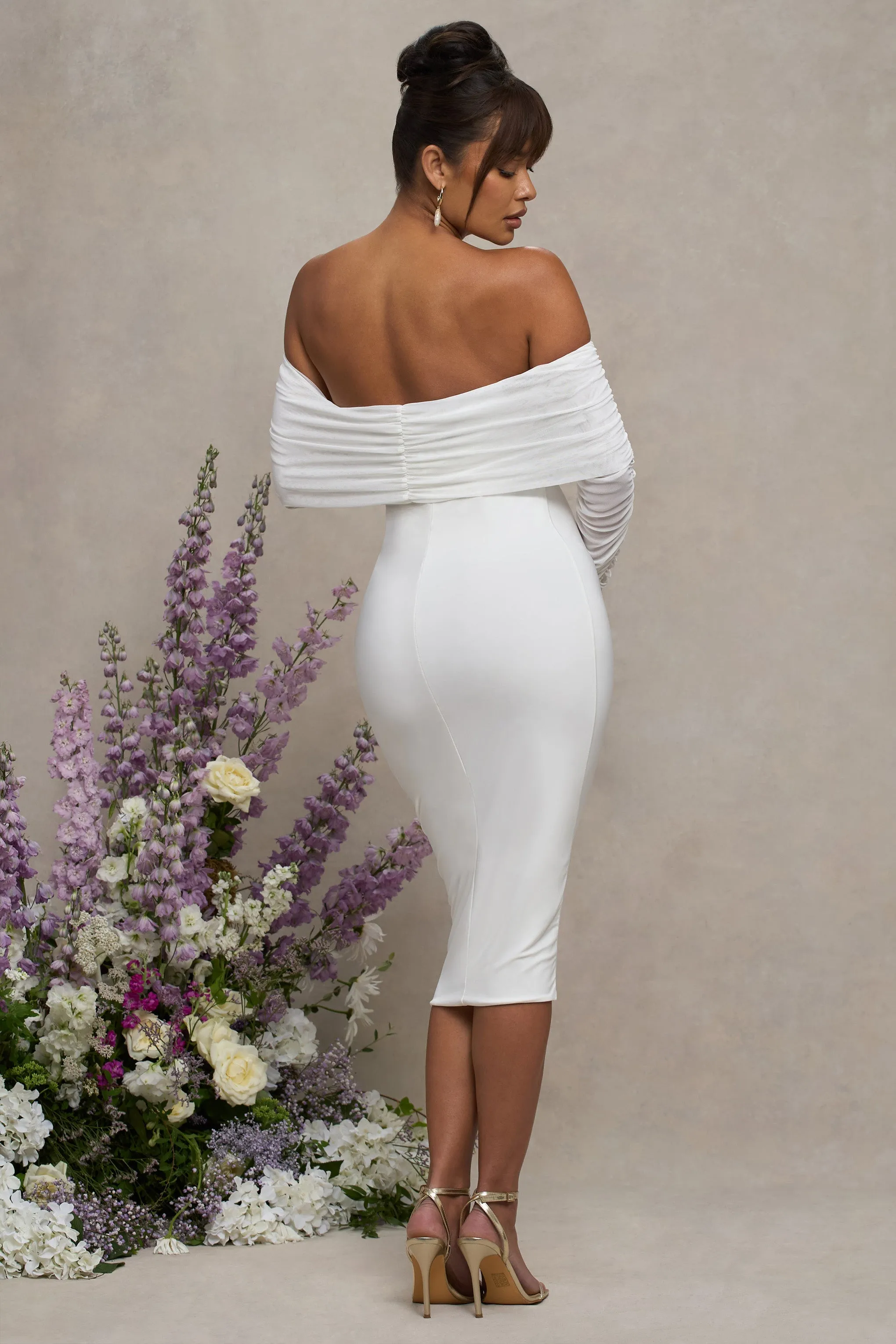 Patiently Waiting | White Maternity Ruched Mesh Bardot Midi Dress sold by Club L London product image thumbnail 2