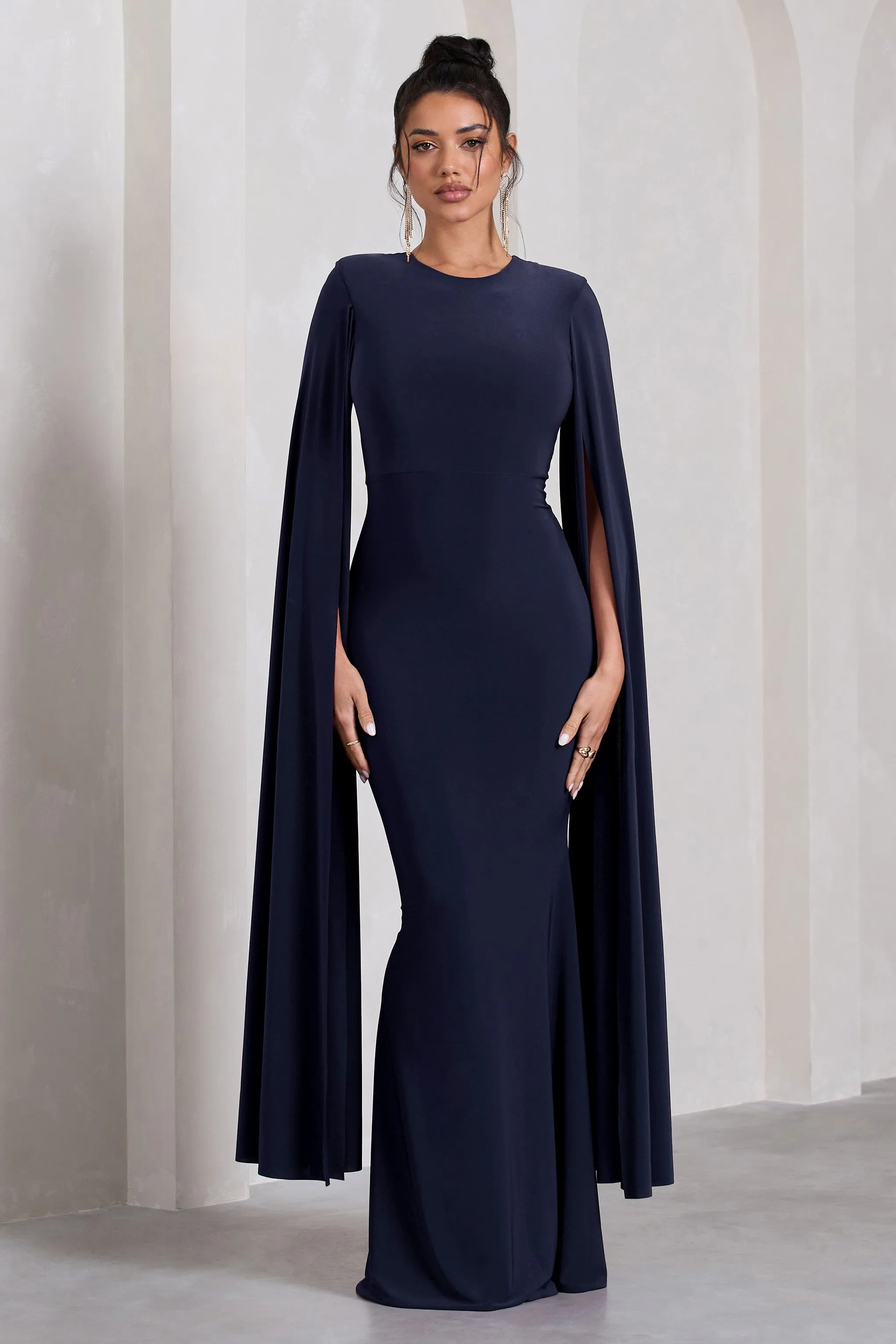 Kimmy | Navy High Neck Maxi Dress With Cape Sleeves sold by Club L London product image thumbnail 5