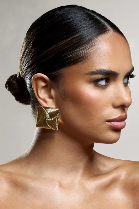 Coa | Gold Ribbed Diamante Square Earrings sold by Club L London