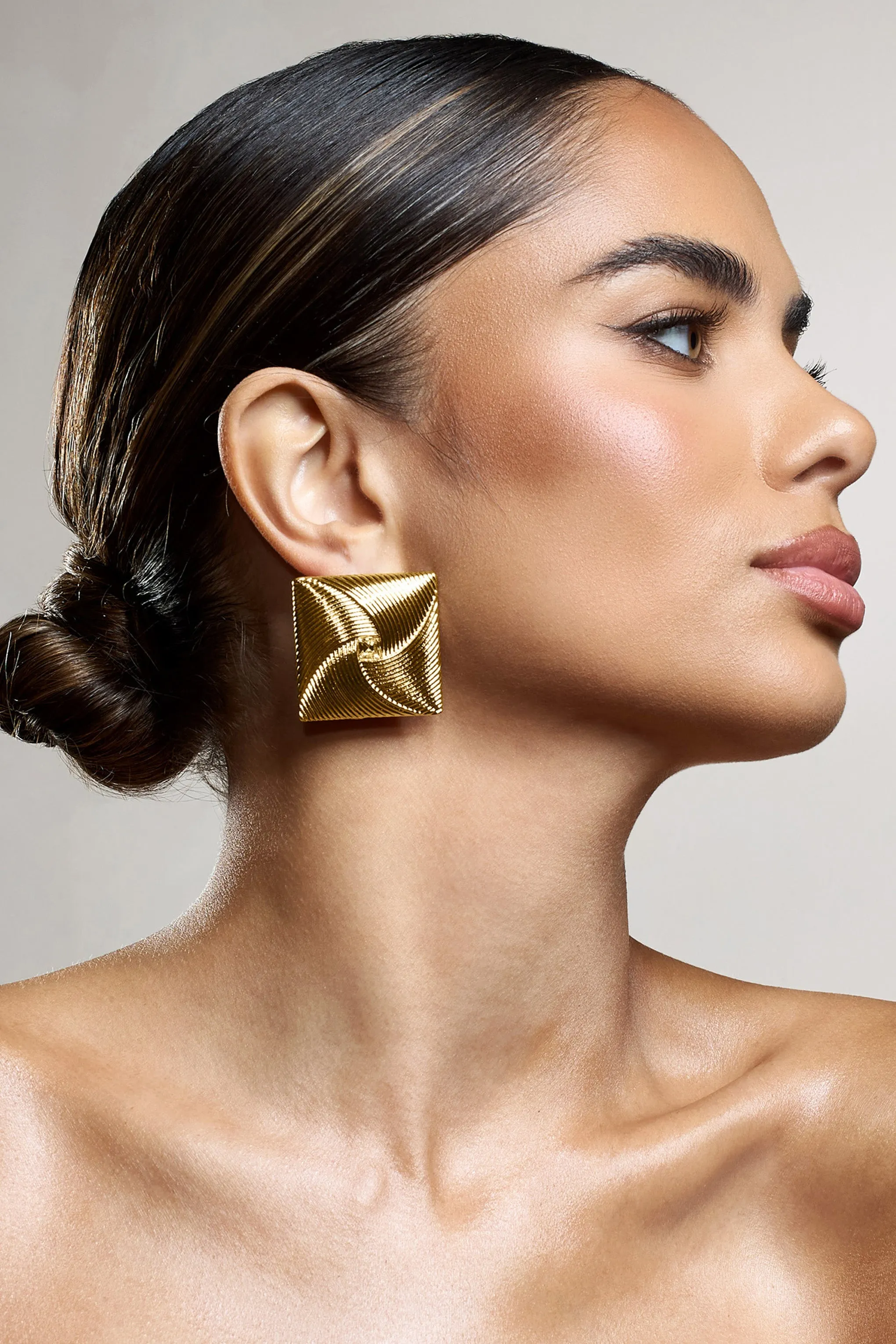 Coa | Gold Ribbed Diamante Square Earrings sold by Club L London product image thumbnail 2