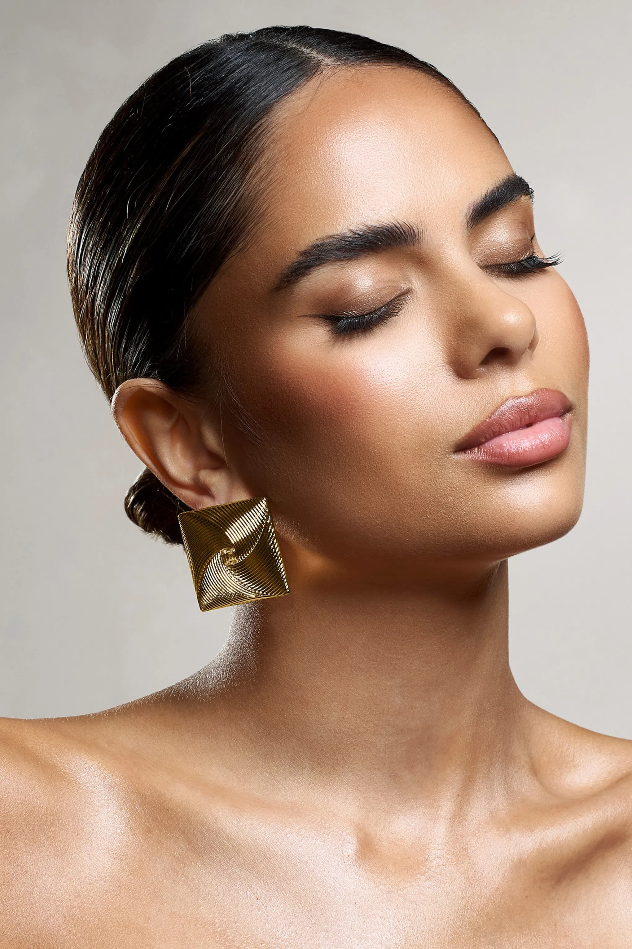 Coa | Gold Ribbed Diamante Square Earrings sold by Club L London product image thumbnail 3