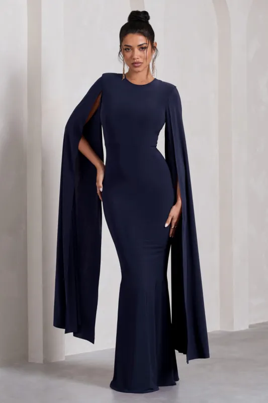 Kimmy | Navy High Neck Maxi Dress With Cape Sleeves sold by Club L London