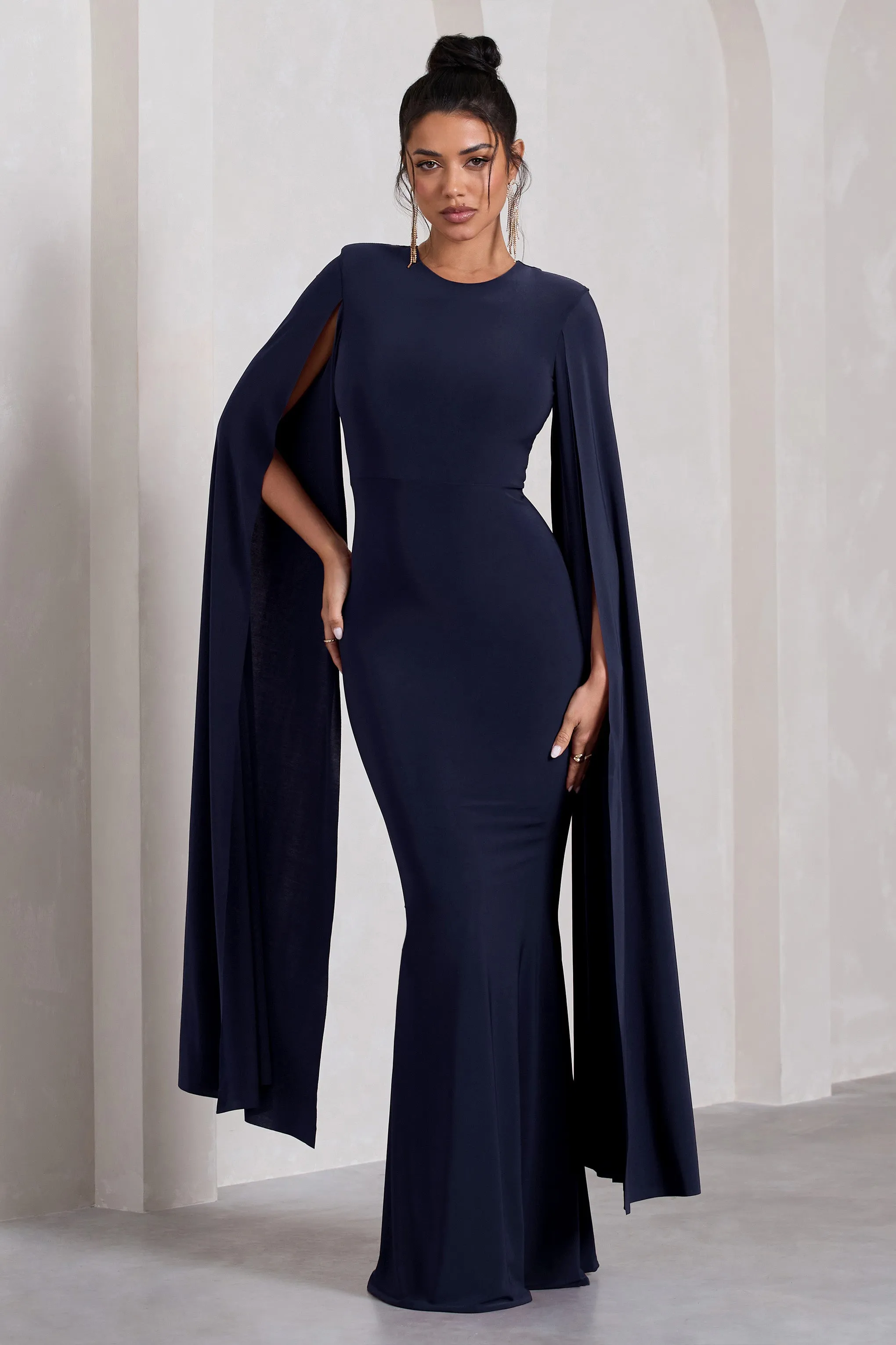 Kimmy | Navy High Neck Maxi Dress With Cape Sleeves sold by Club L London