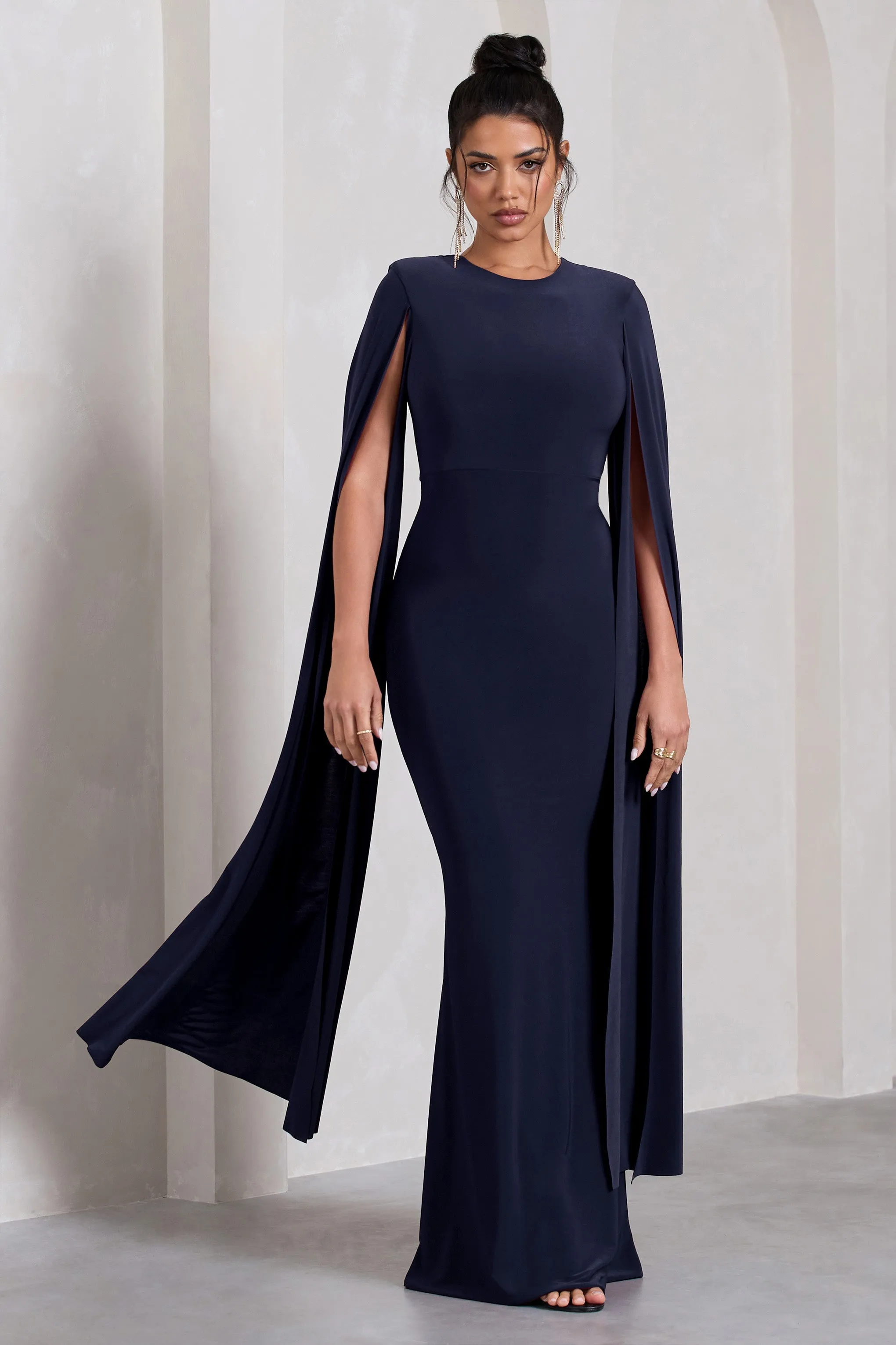 Kimmy | Navy High Neck Maxi Dress With Cape Sleeves sold by Club L London product image thumbnail 4