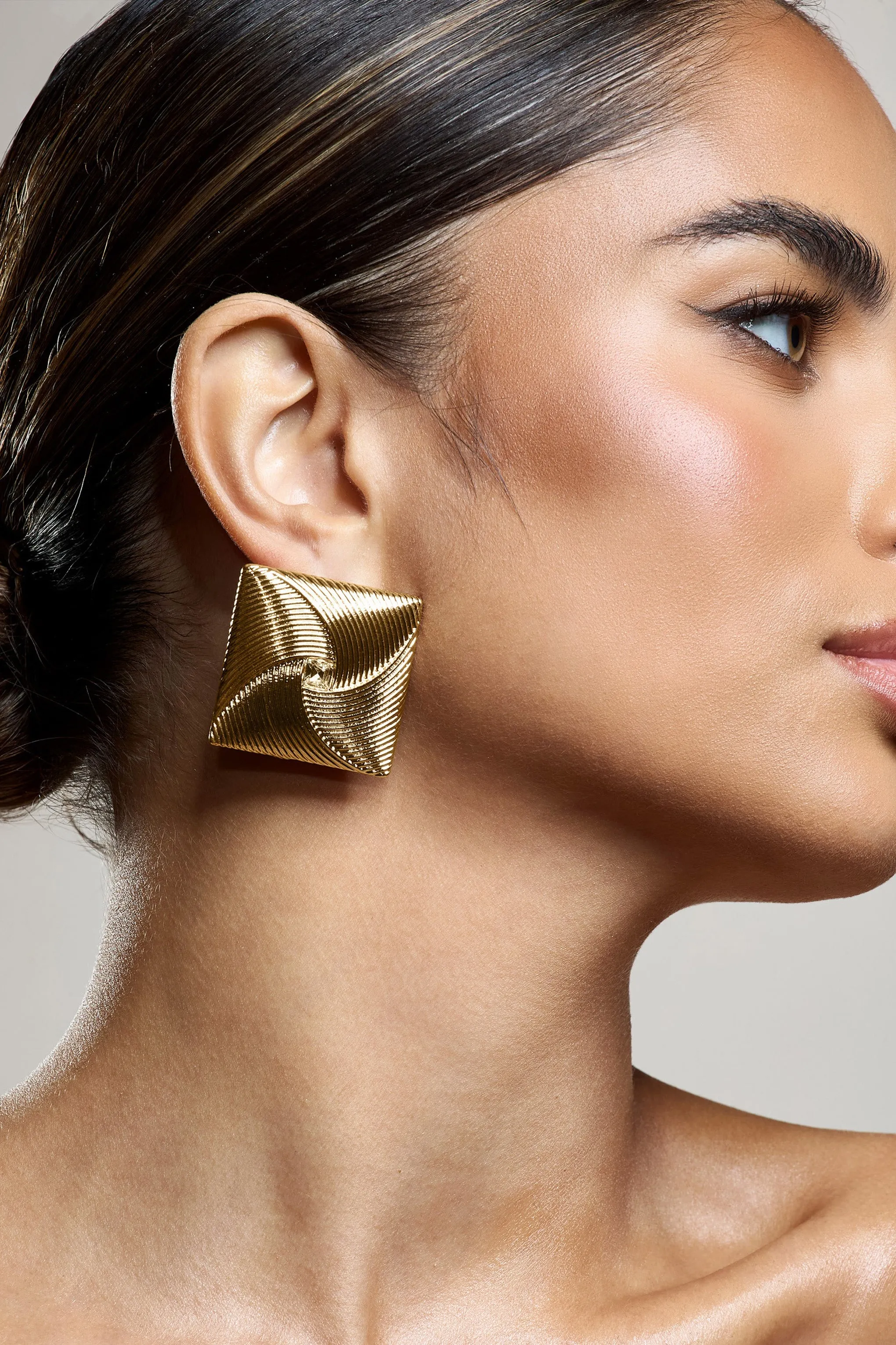 Coa | Gold Ribbed Diamante Square Earrings sold by Club L London product image thumbnail 4