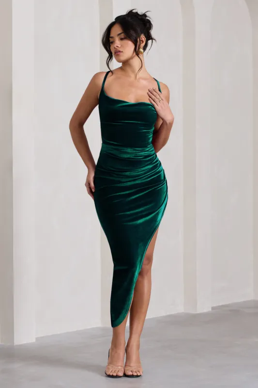 Risk It All | Bottle Green Velvet Cami Cowl Neck Asymmetric Hem Midi Dress sold by Club L London