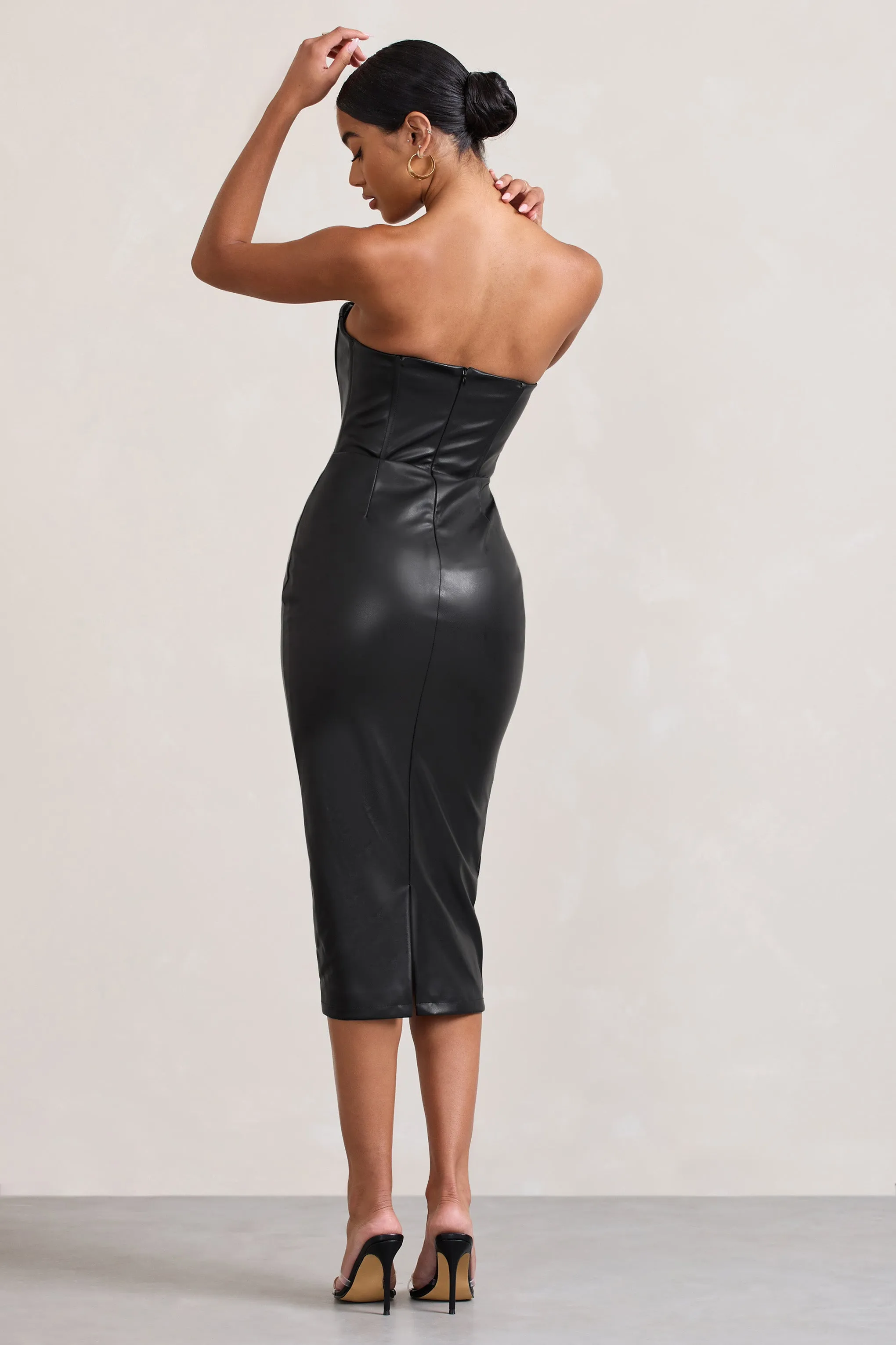 Hailey | Black Faux Leather Strapless Sweetheart Corset Midi Dress sold by Club L London product image thumbnail 2