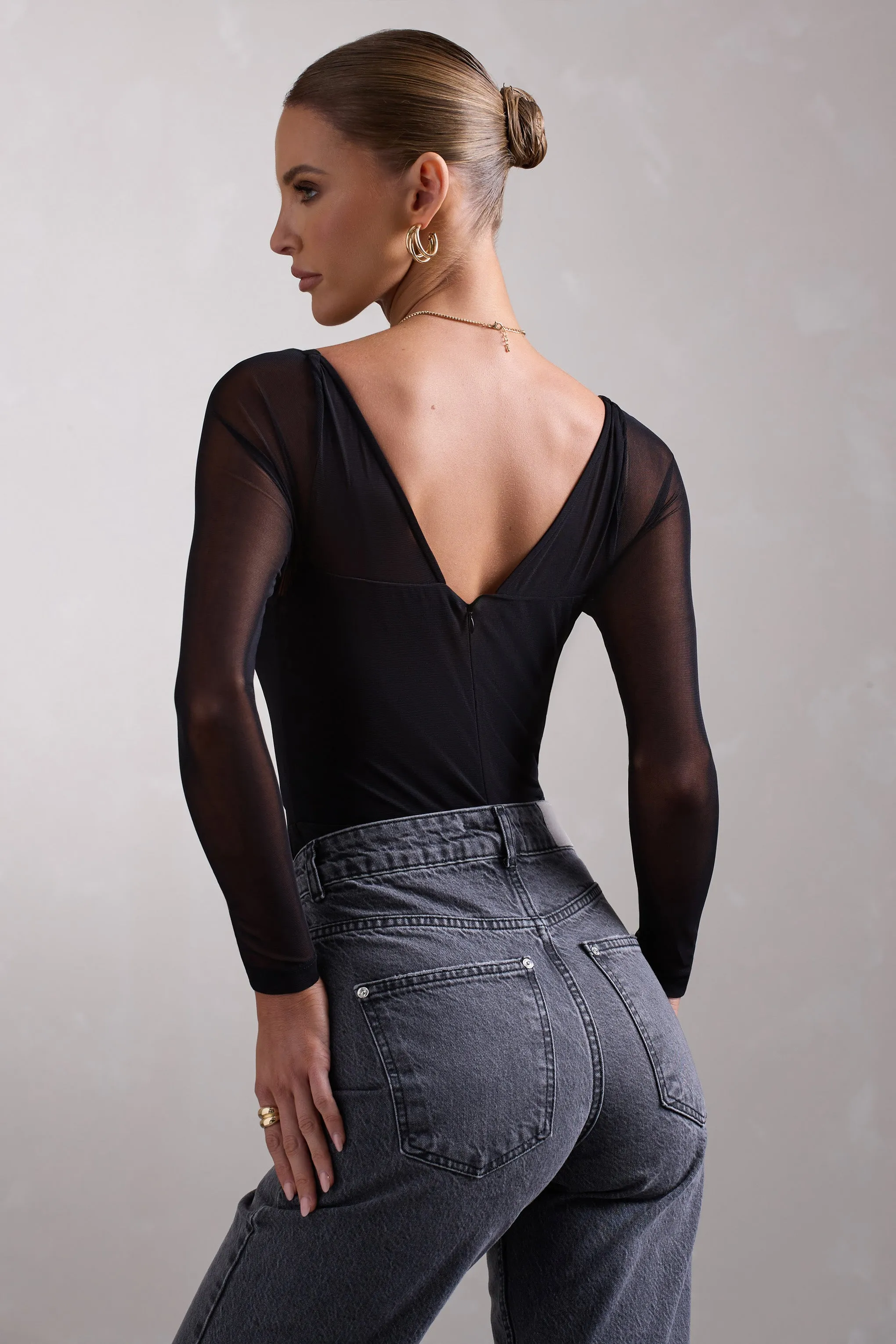 Arienna | Black Ruched Mesh Long-Sleeved Corset Bodysuit sold by Club L London product image thumbnail 2