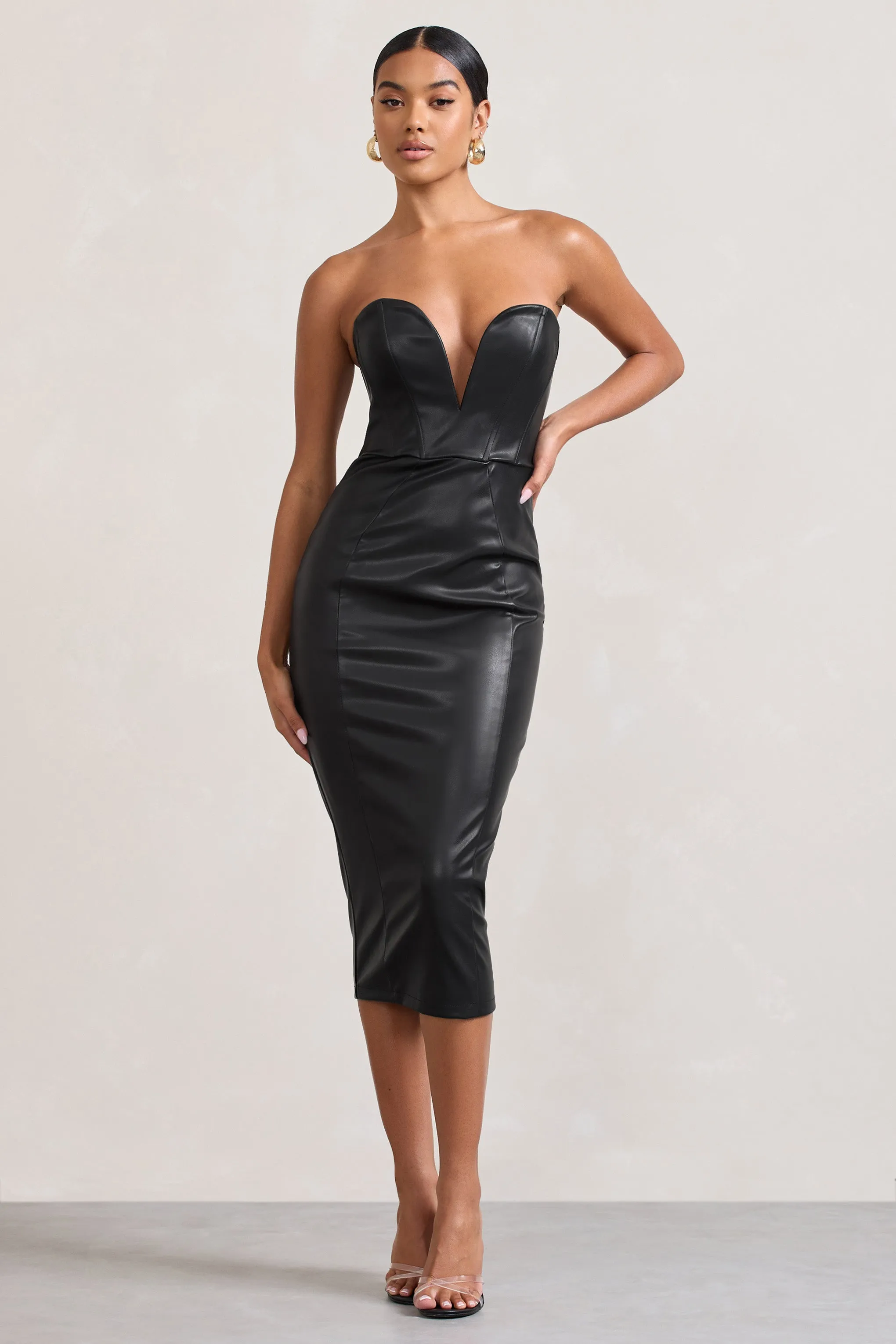 Hailey | Black Faux Leather Strapless Sweetheart Corset Midi