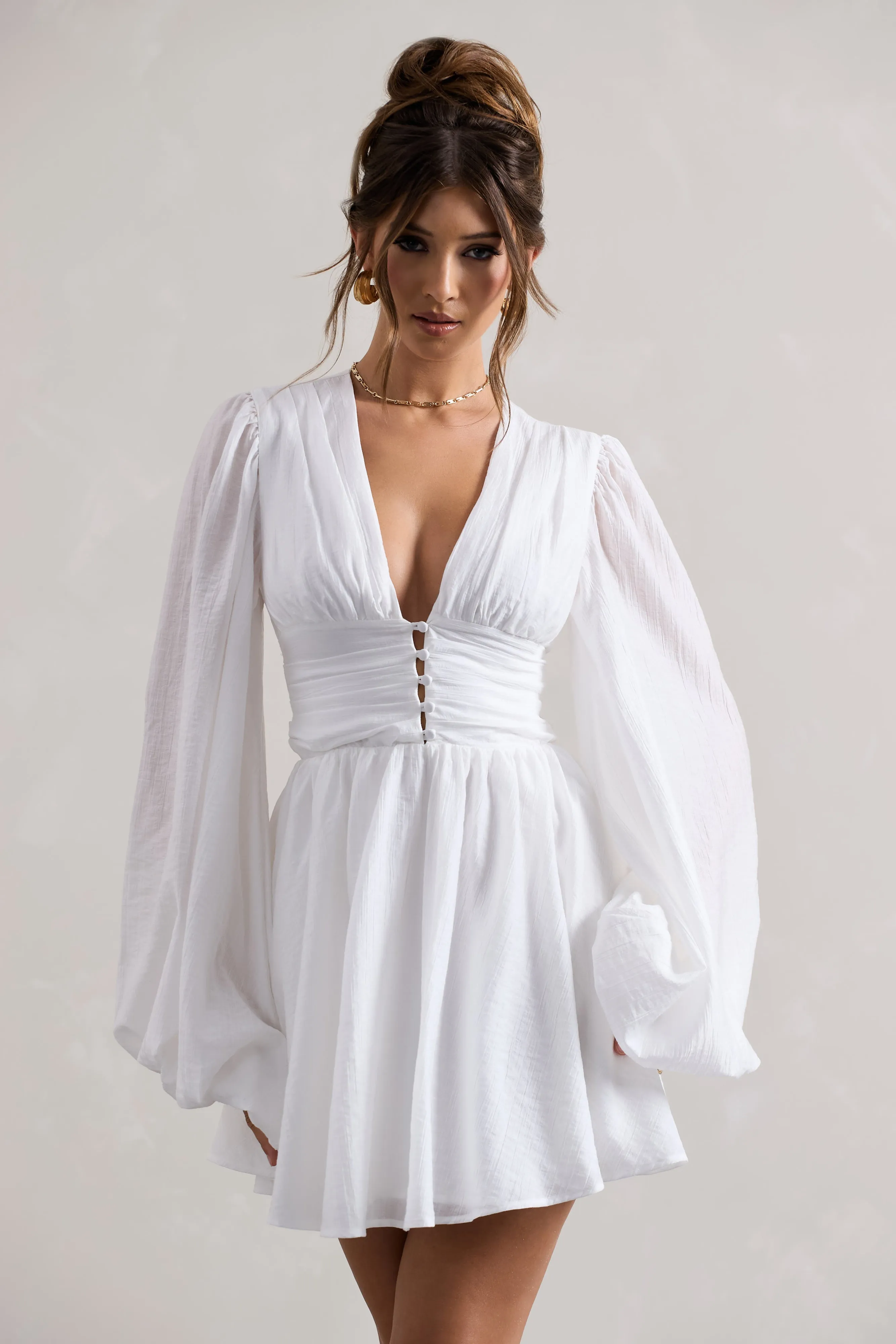 Avalon | White Plunge-Neck Balloon-Sleeve Mini Dress sold by Club L London product image thumbnail 3