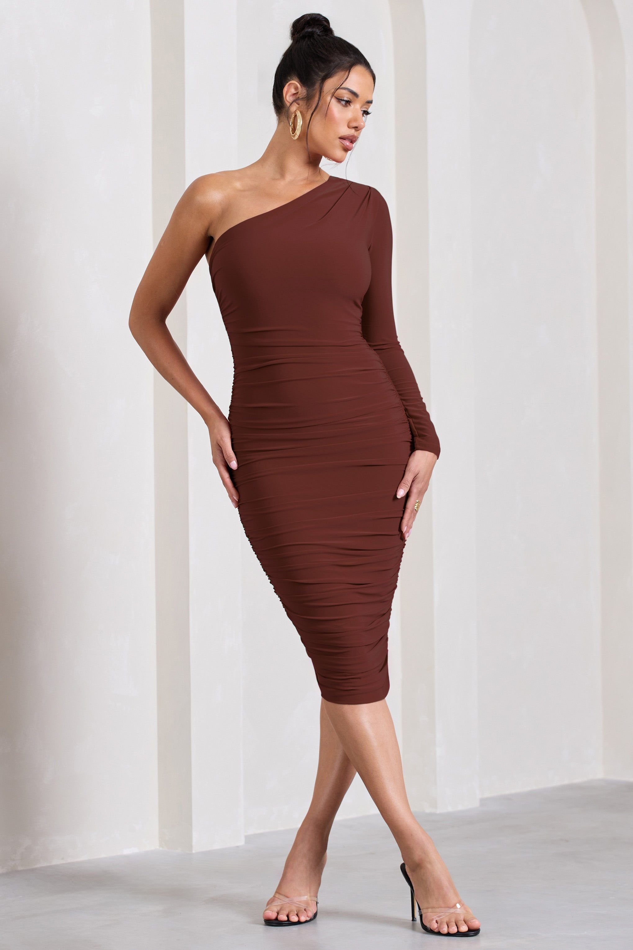 In The Shadows | Brown One Shoulder Midi Dress With Ruching sold by Club L London product image thumbnail 4
