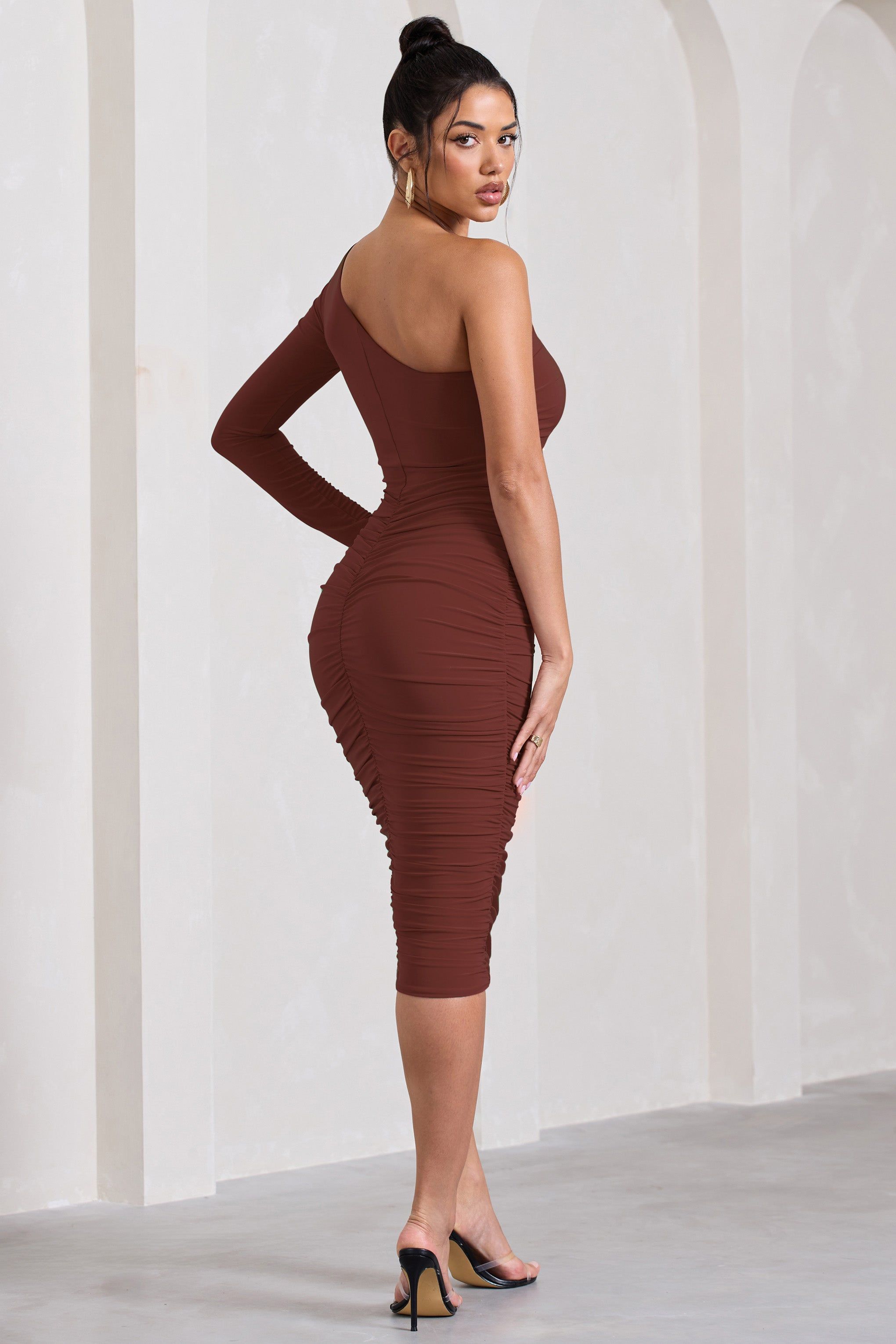 In The Shadows | Brown One Shoulder Midi Dress With Ruching sold by Club L London product image thumbnail 2