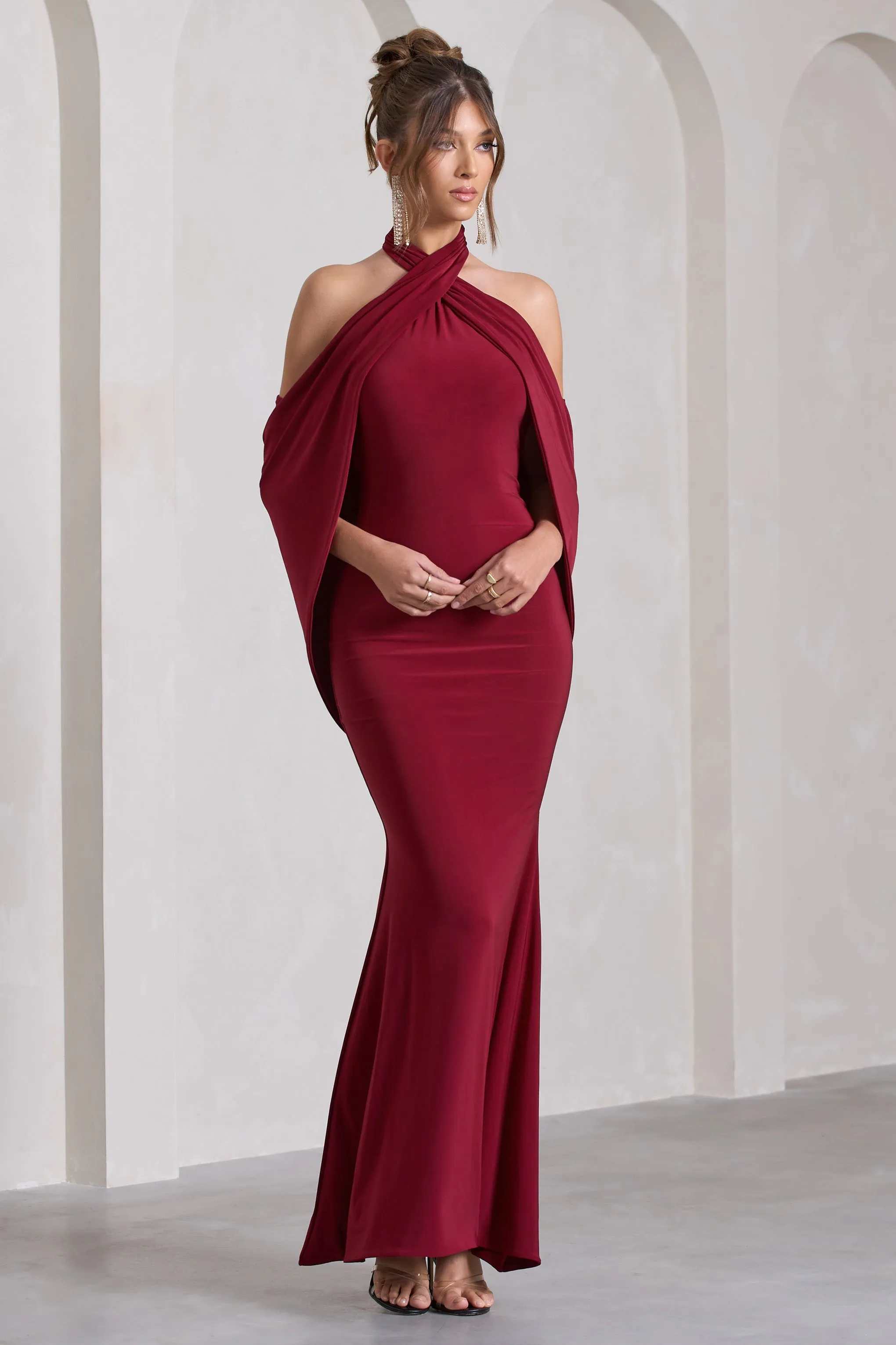 Revelation | Berry Red Crossed Halter-Neck Maxi Dress With Cape sold by Club L London product image thumbnail 5