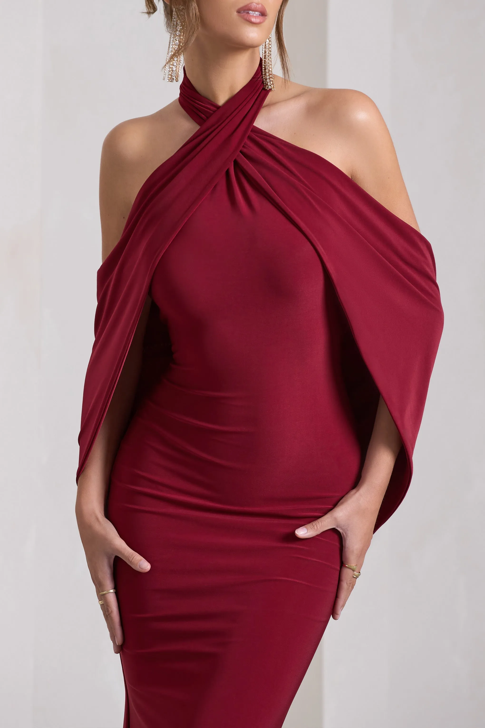 Revelation | Berry Red Crossed Halter-Neck Maxi Dress With Cape sold by Club L London product image thumbnail 3
