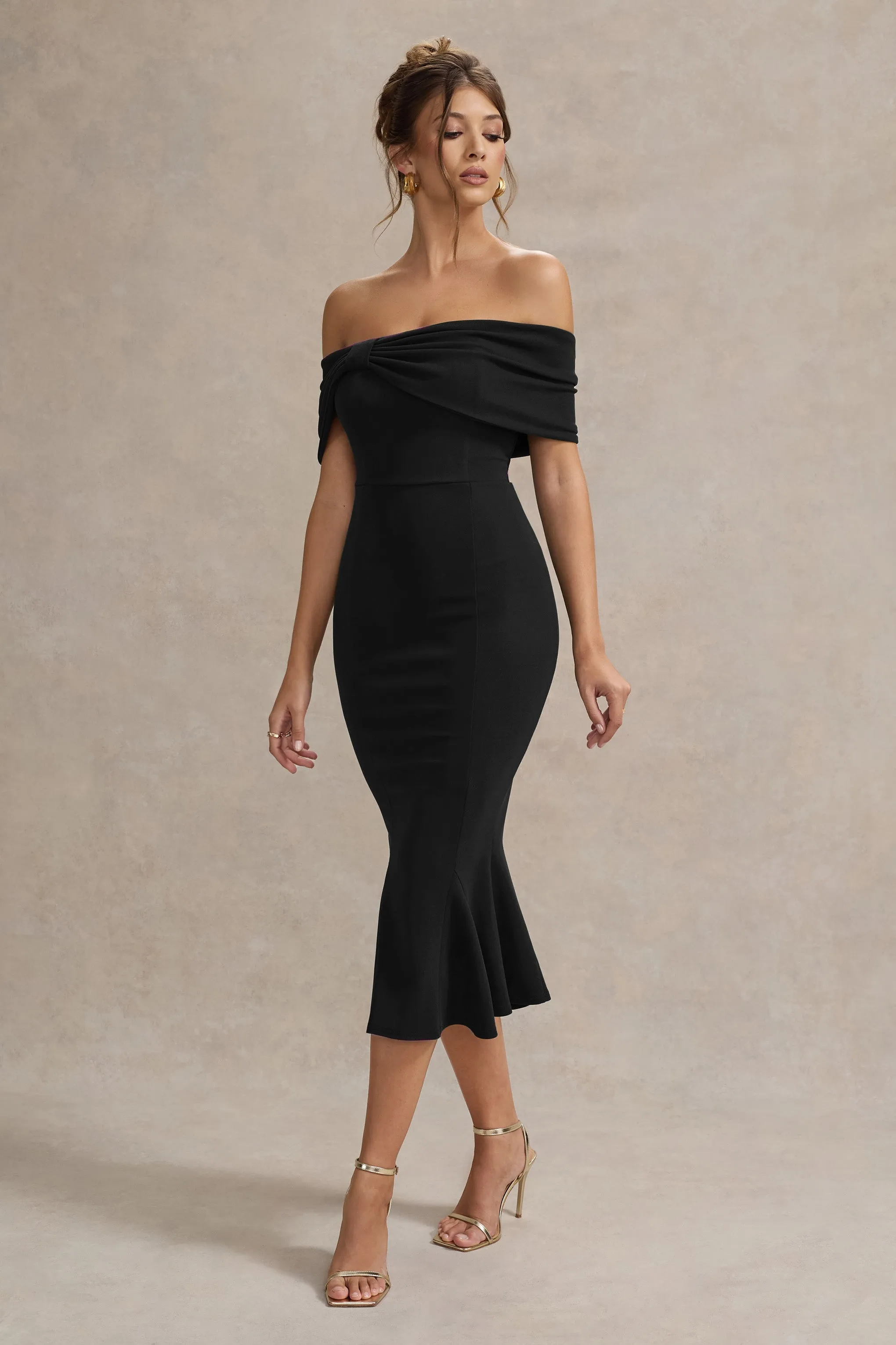 Lydia | Black Bardot Bow Detail Midi Dress sold by Club L London product image thumbnail 4