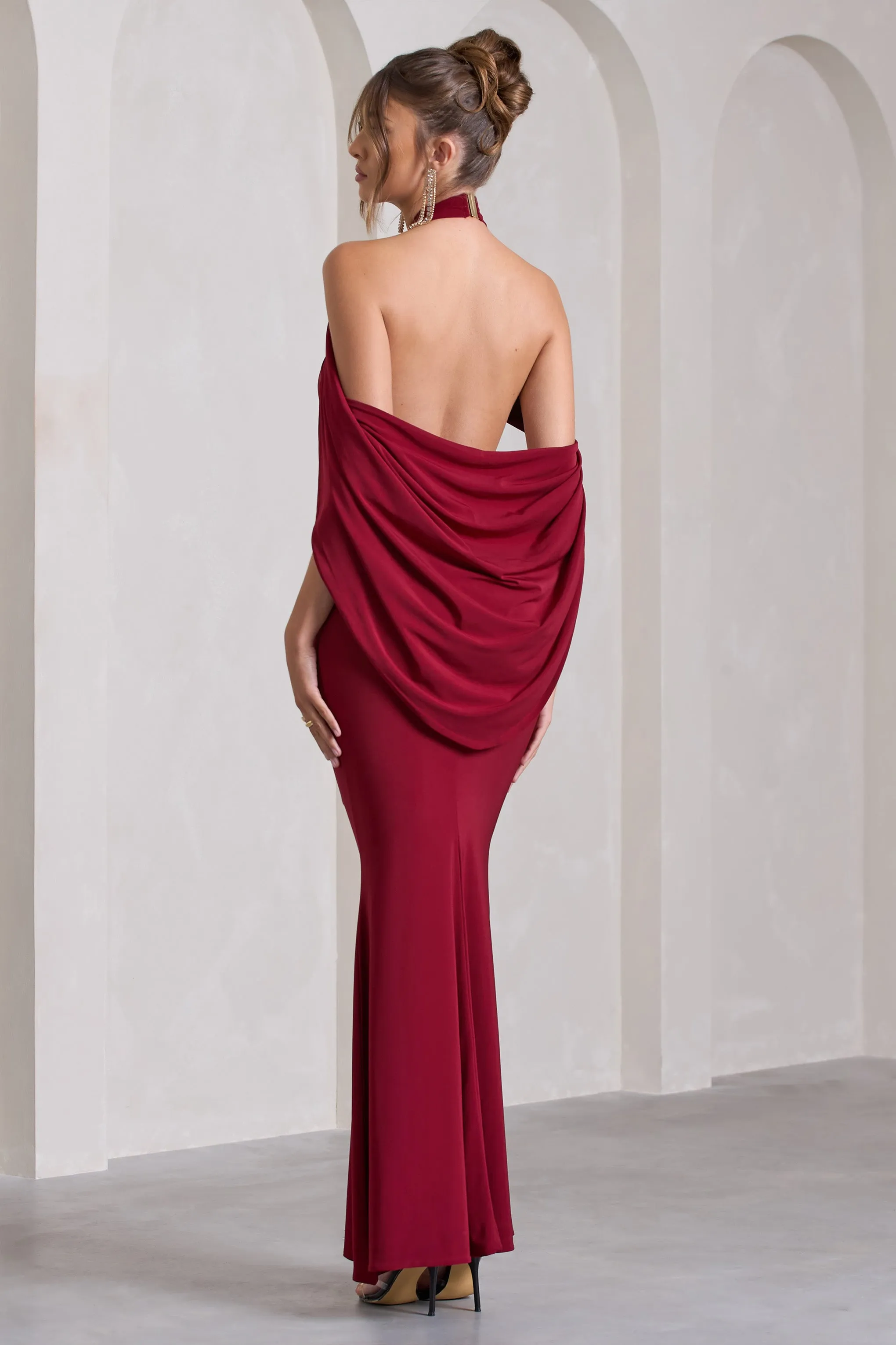 Revelation | Berry Red Crossed Halter-Neck Maxi Dress With Cape sold by Club L London product image thumbnail 2