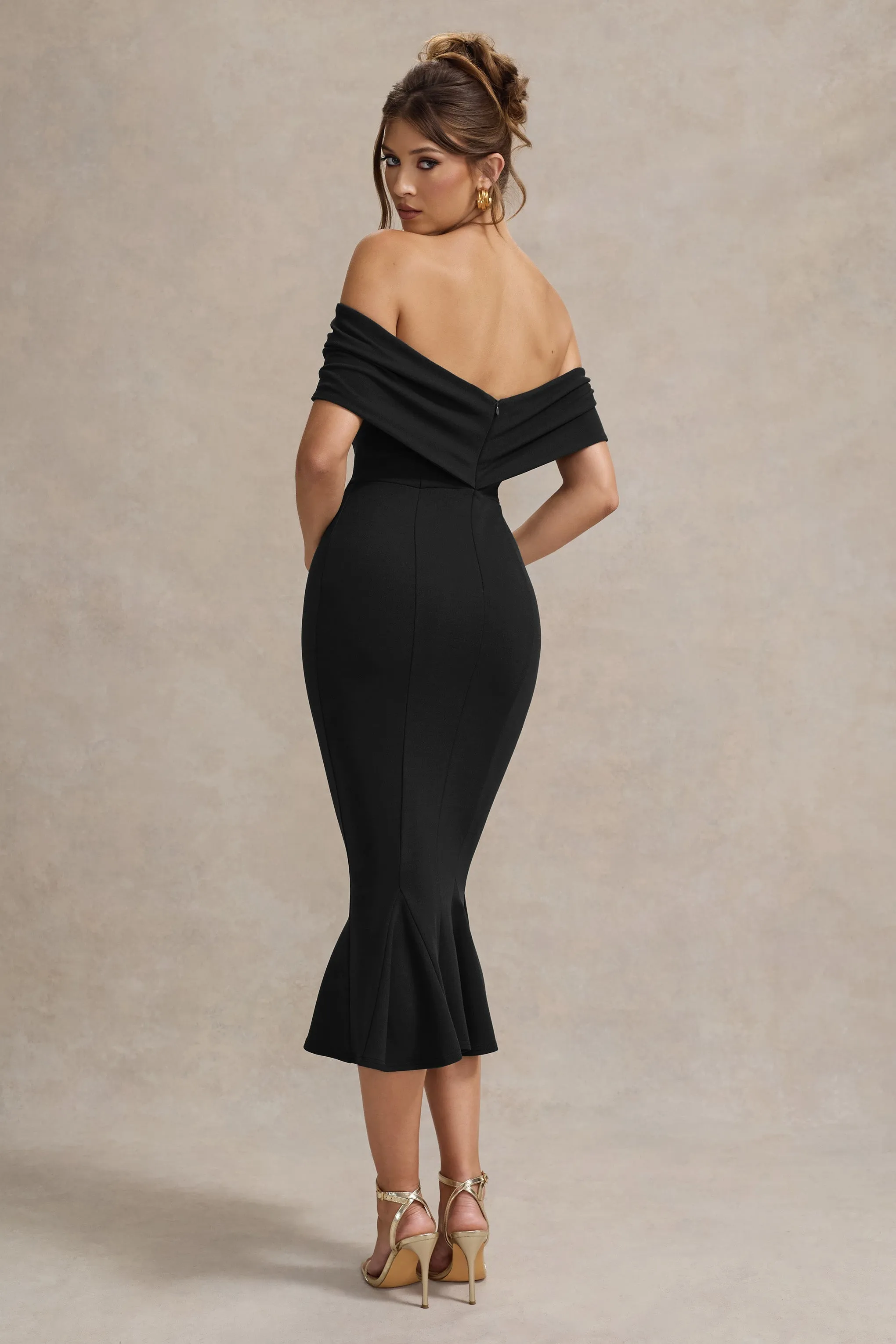 Lydia | Black Bardot Bow Detail Midi Dress sold by Club L London product image thumbnail 2