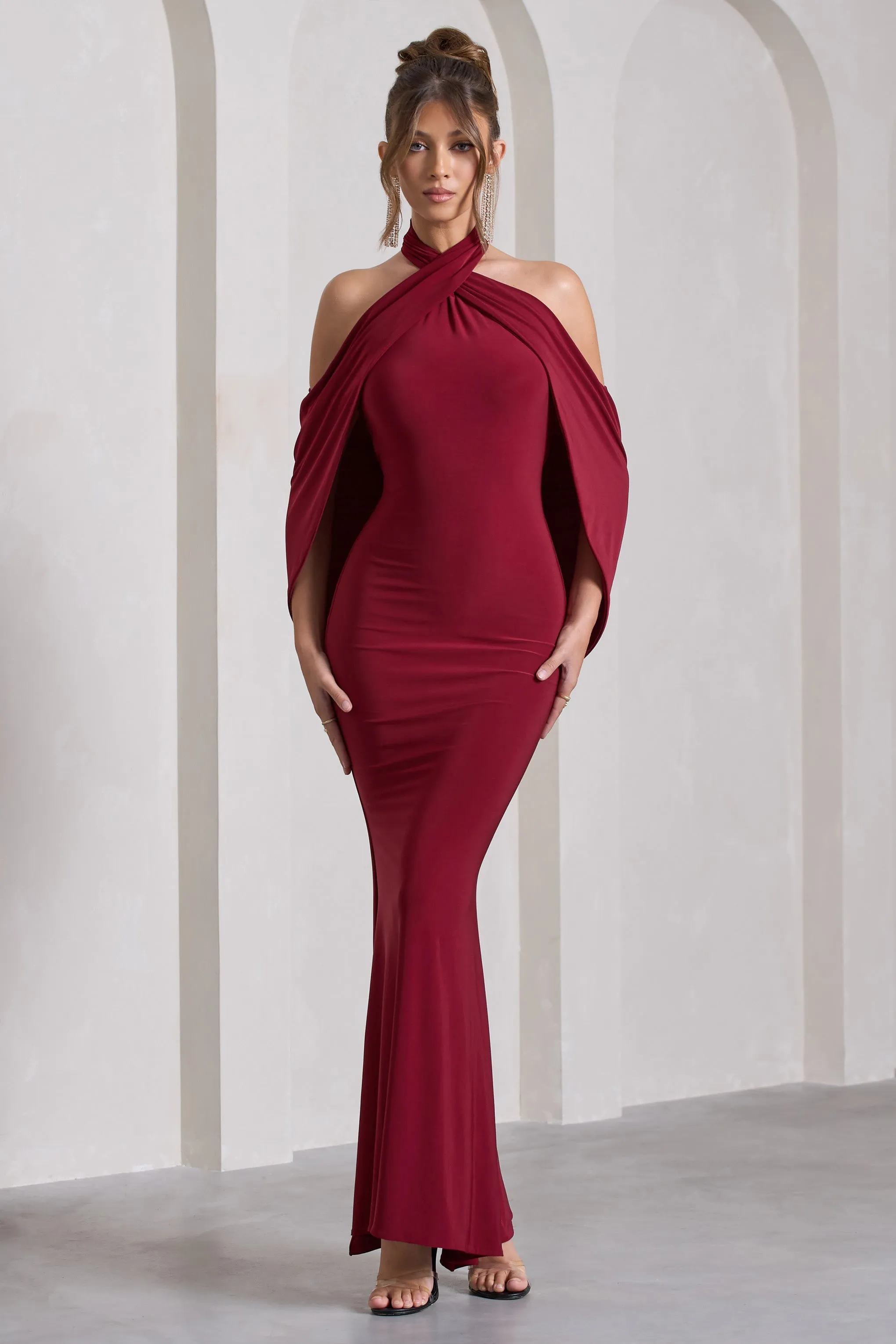 Revelation | Berry Red Crossed Halter-Neck Maxi Dress With Cape sold by Club L London product image thumbnail 4