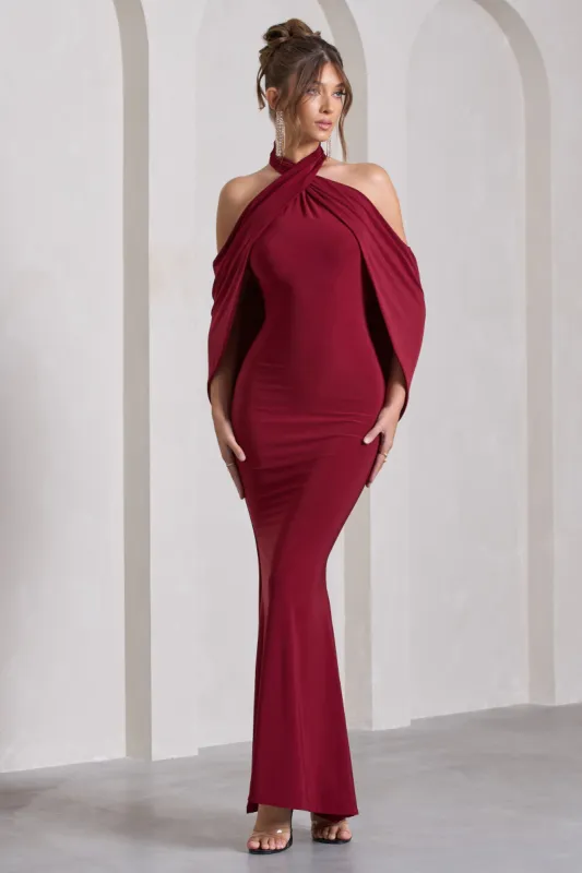 Revelation | Berry Red Crossed Halter-Neck  Maxi Dress With Cape sold by Club L London