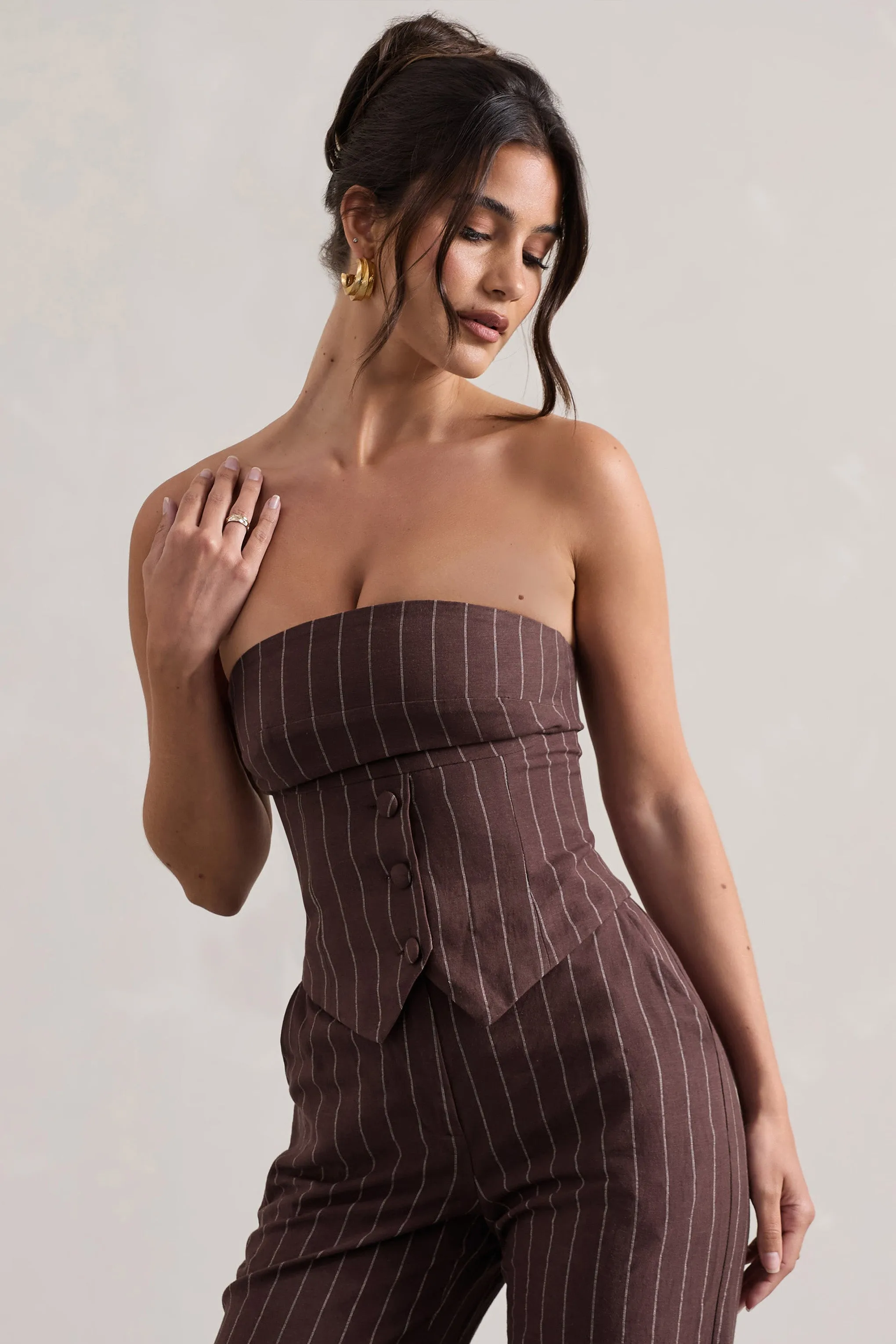 On Time | Chocolate Brown Pinstripe Tailored Bandeau Top sold by Club L London product image thumbnail 5
