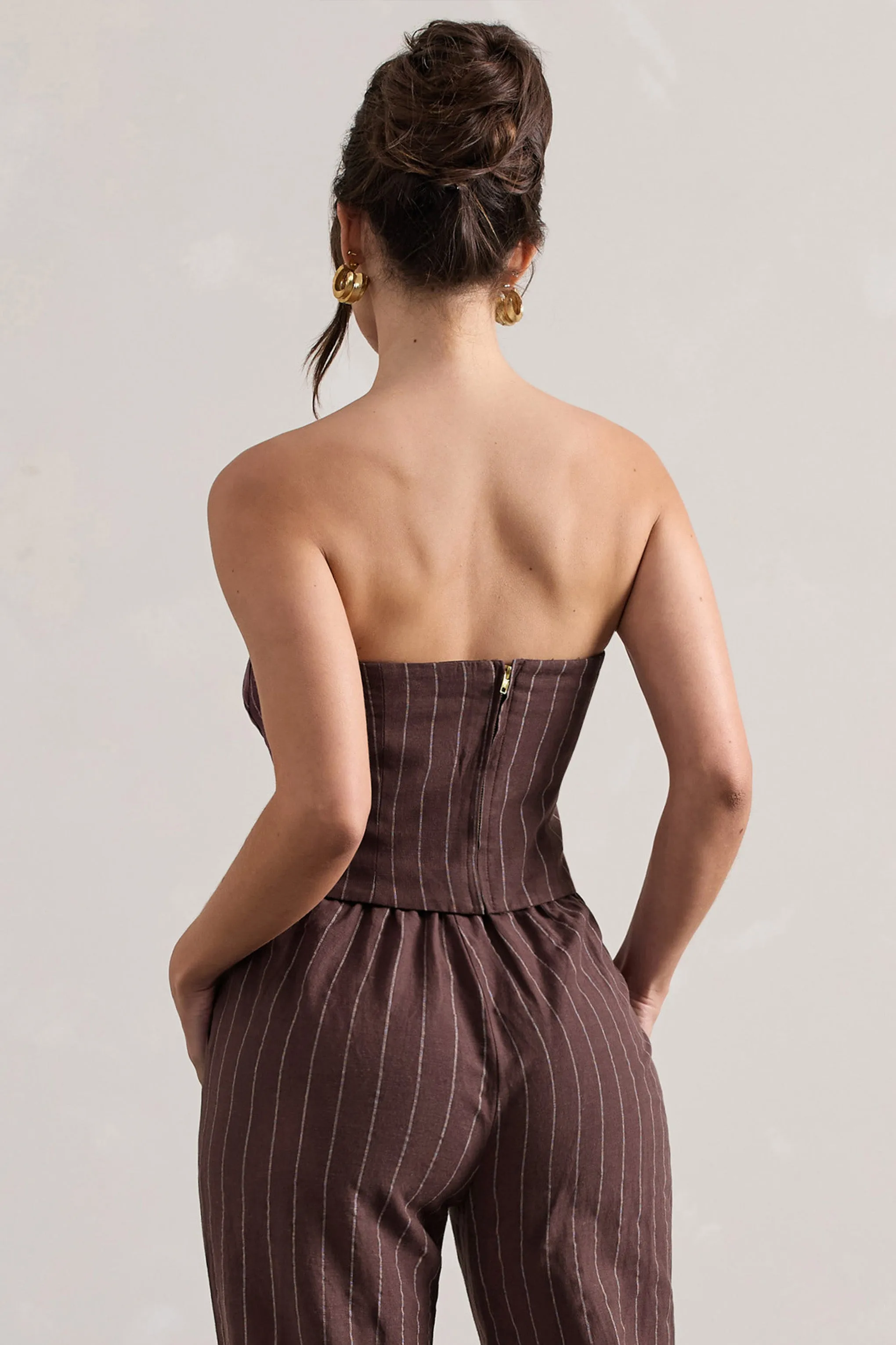 On Time | Chocolate Brown Pinstripe Tailored Bandeau Top sold by Club L London product image thumbnail 2