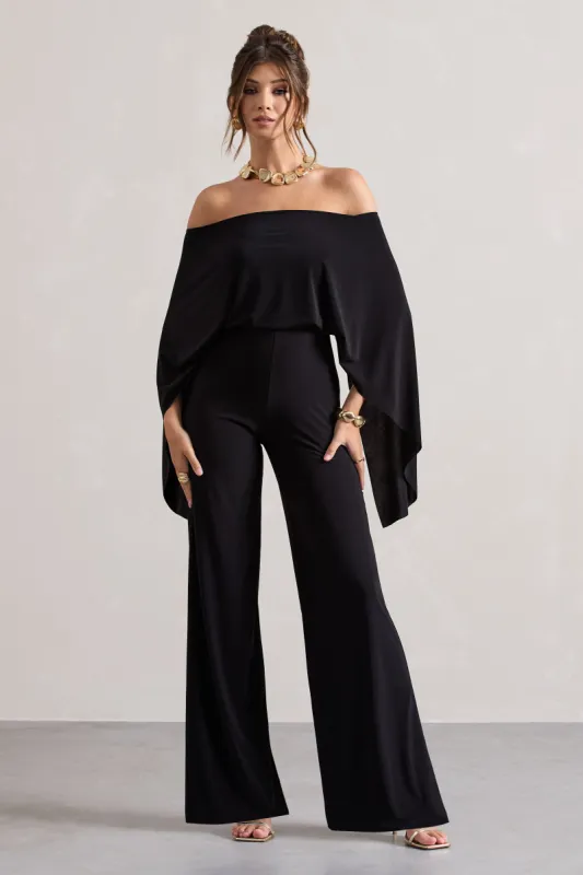 Kori | Black Bardot Straight-Leg Jumpsuit With Cape sold by Club L London