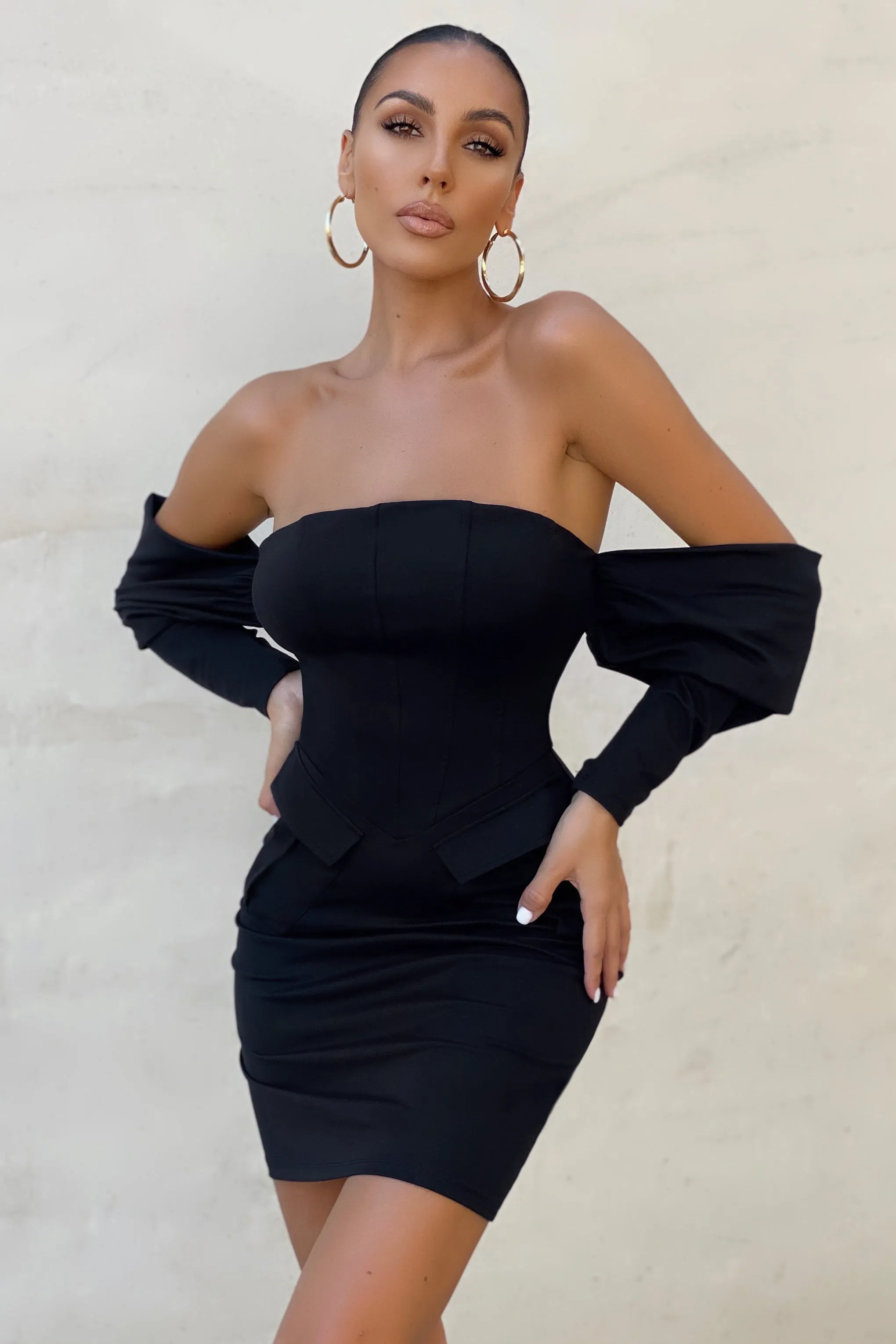 Off Duty | Black Bardot Corset Drape Front Mini Dress sold by Club L London product image thumbnail 5